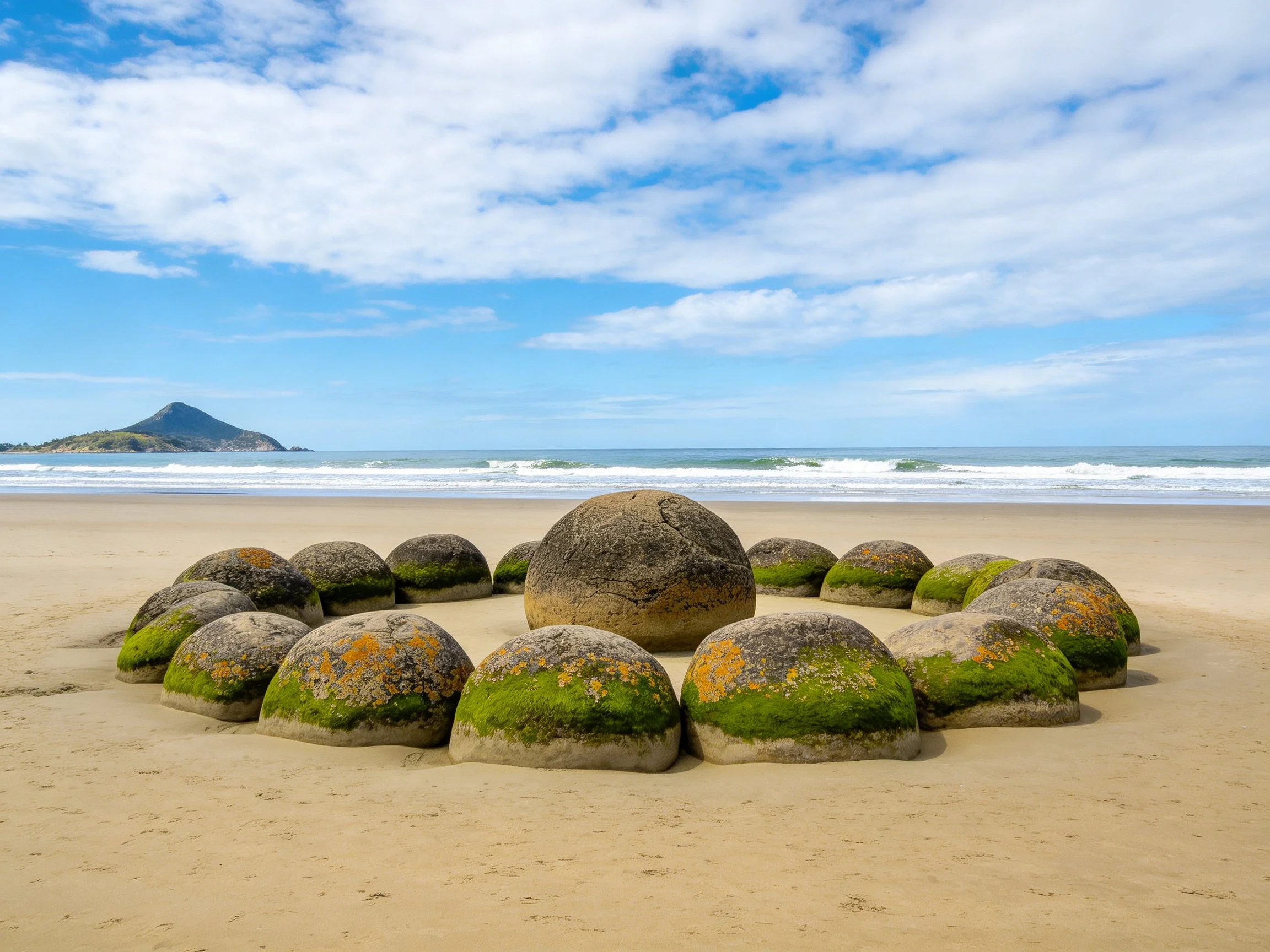Large moss-covered boulders arranged in circular formation on sandy beach