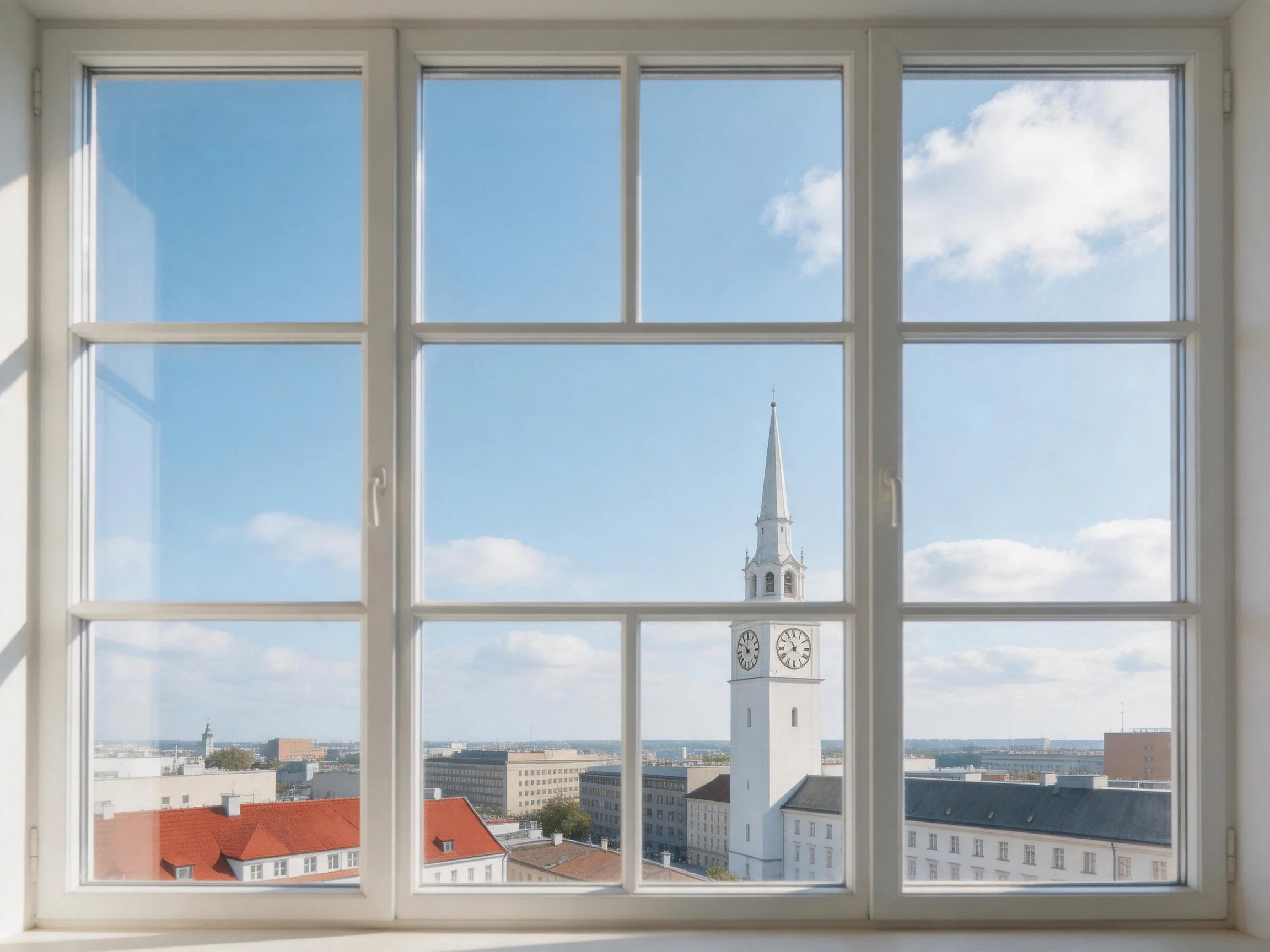 Large multi-pane window overlooks cityscape with white clock tower