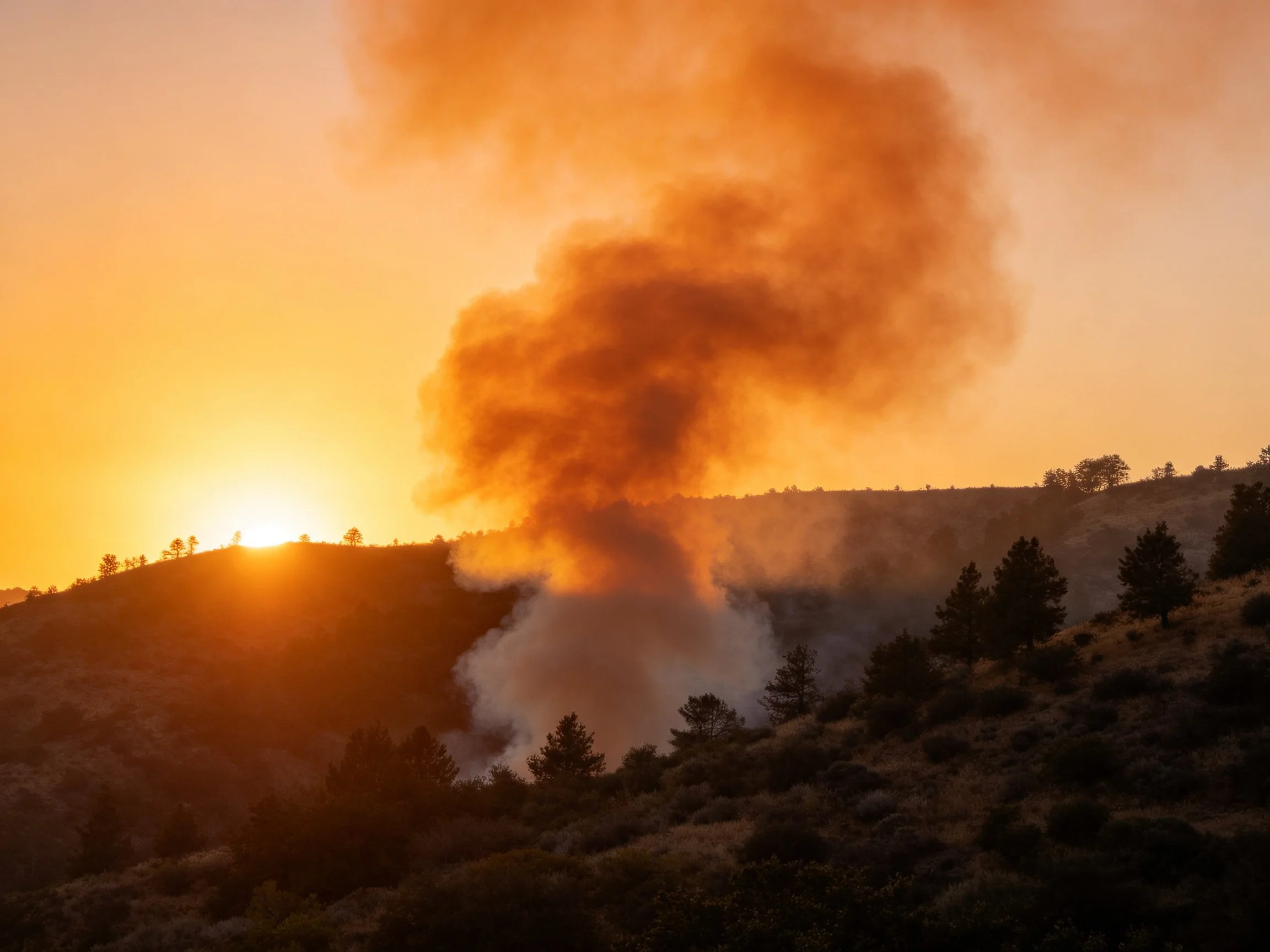 Large orange smoke plume rises from forest fire at sunset