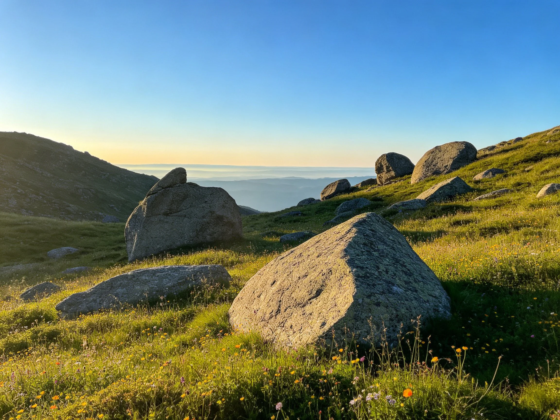 Large rocks scattered across a lush green hillside beneath a clear blue sky
