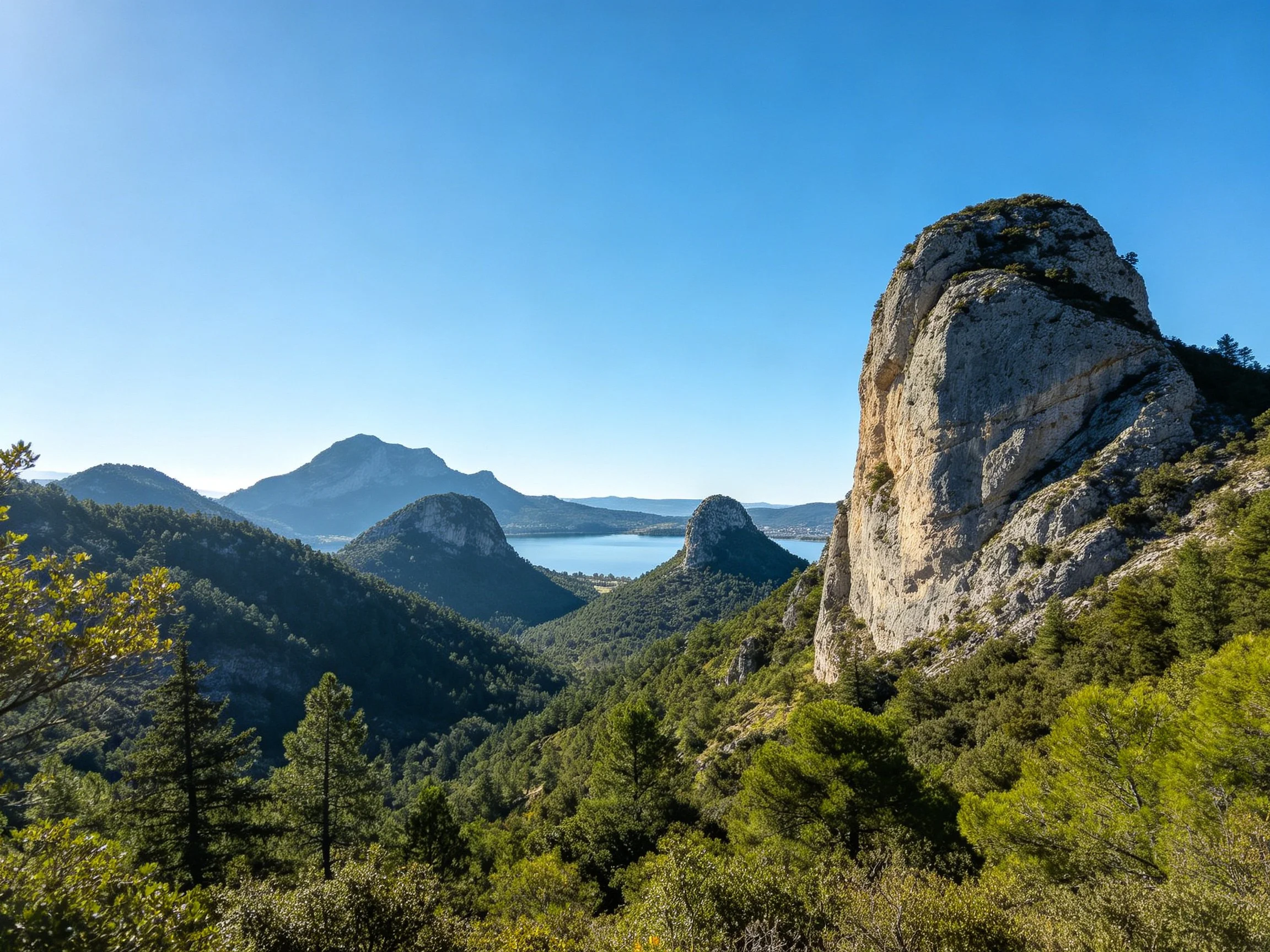 Large rocky formations tower over dense green forests and distant lakeside mountains