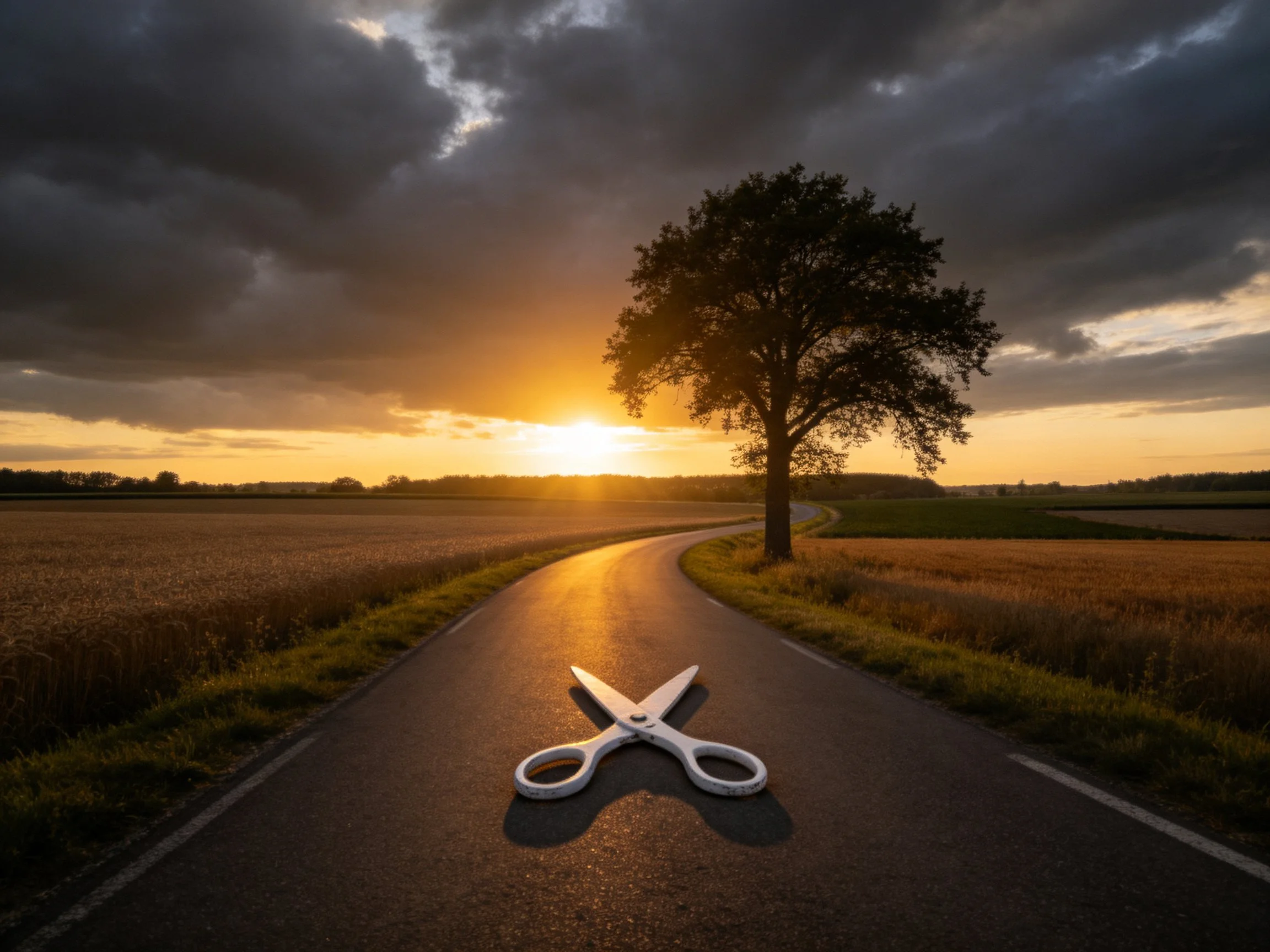 Large silver scissors on winding road near lone tree at golden sunset