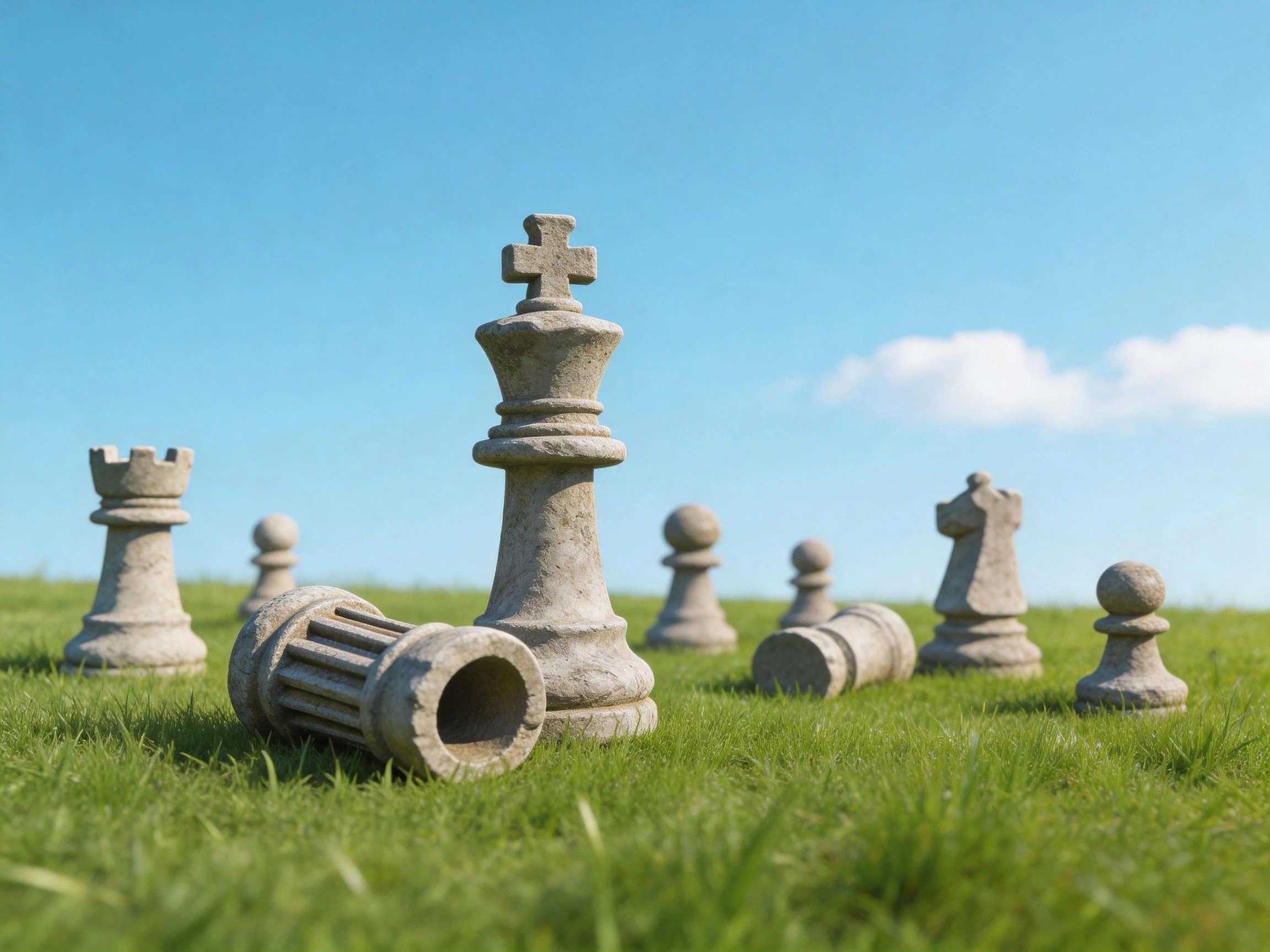 Large stone chess pieces scattered on lush green grass