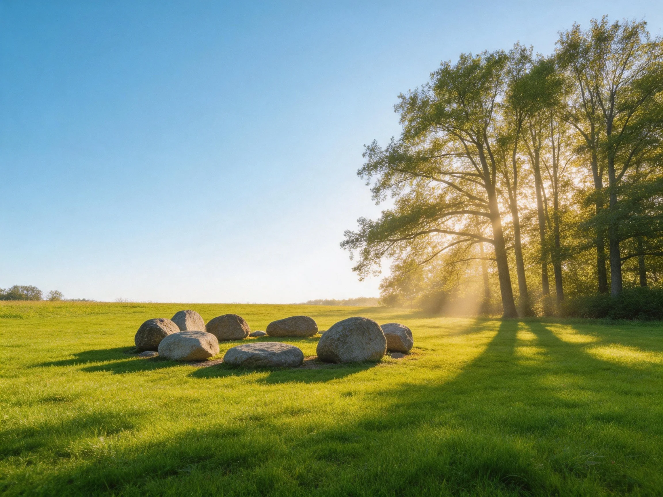 Large stones arranged in a sunlit meadow with tall trees