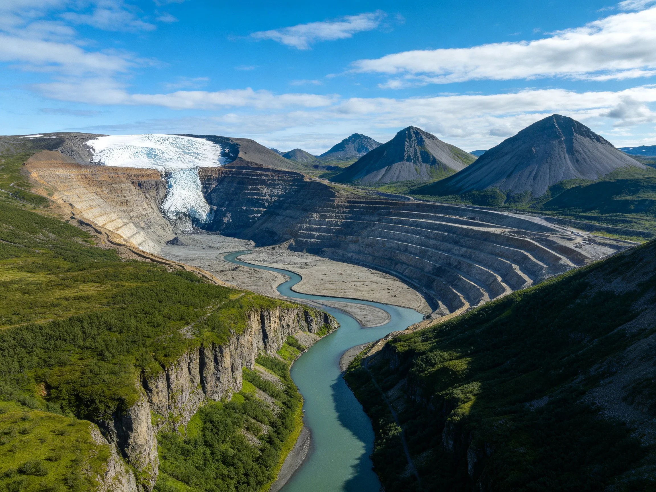 Large terraced excavation site beside winding turquoise river with glacial ice