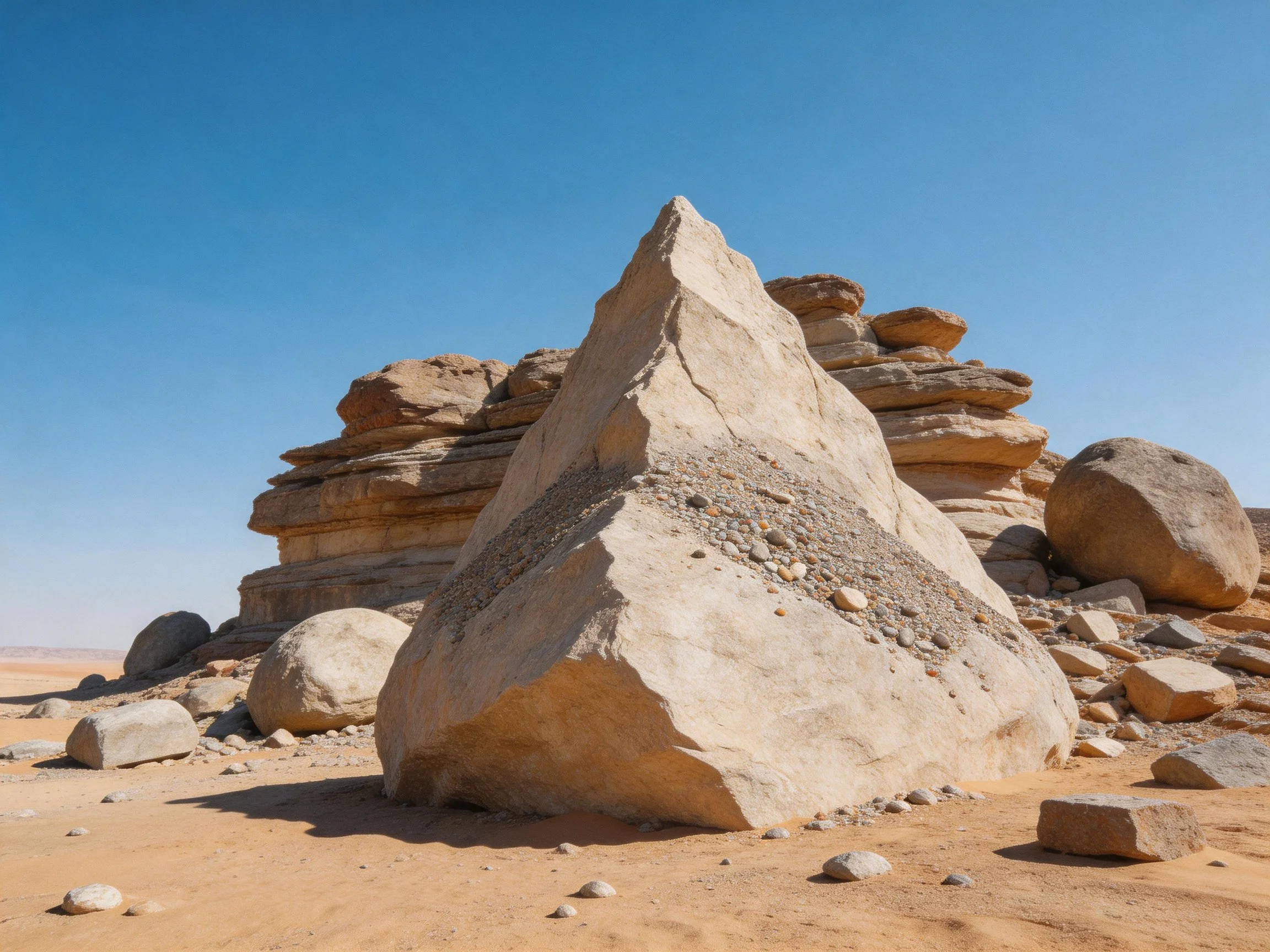 Large triangular and rounded stone formations on sandy desert ground