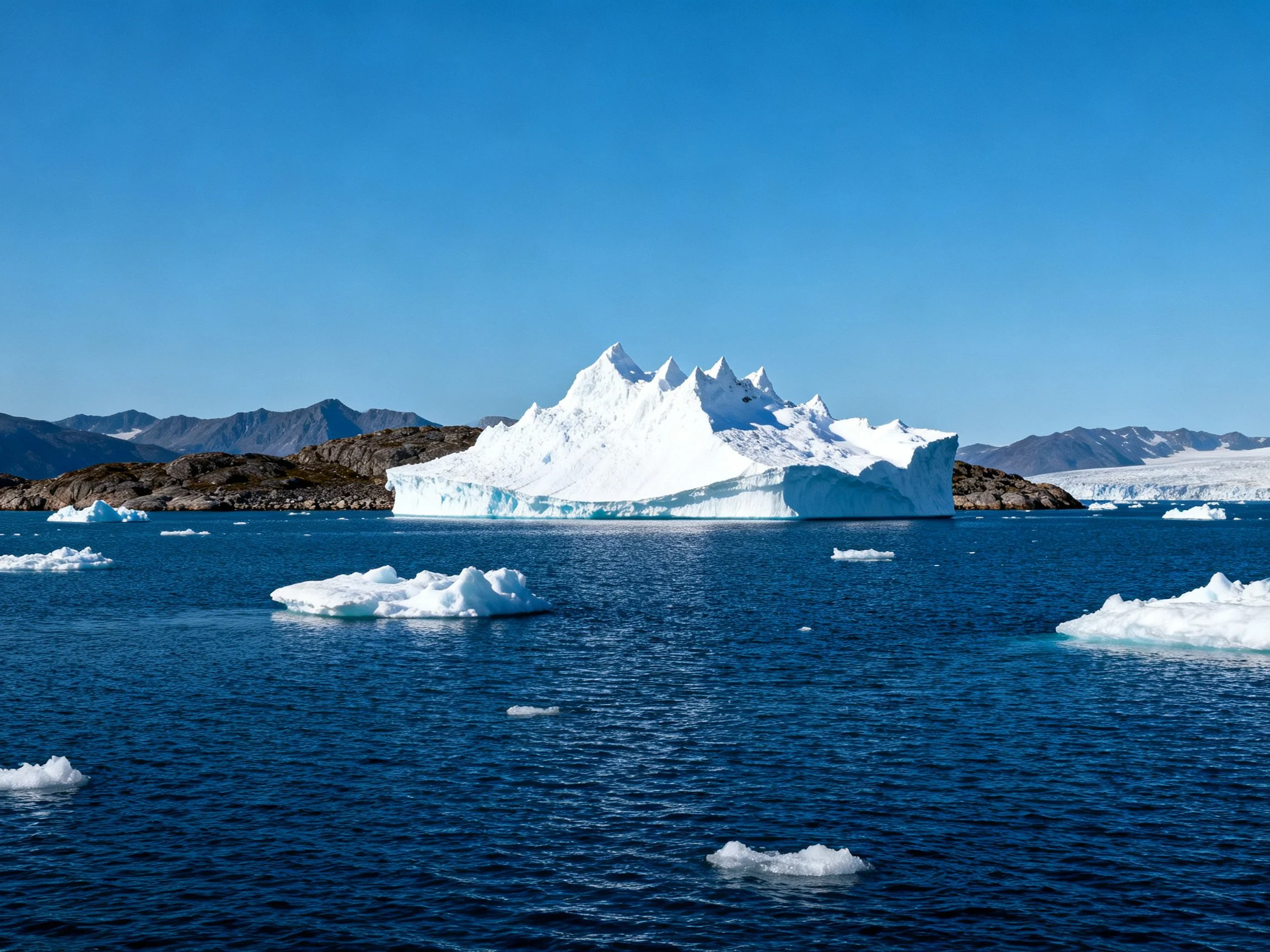 Large white icebergs float in deep blue water near rocky islands and distant mountains