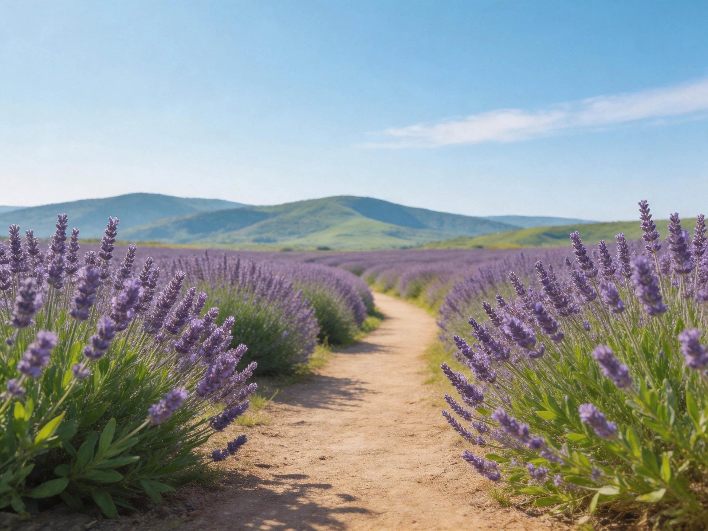 Lavender Fields with Dirt Path Through Rolling Green Hills