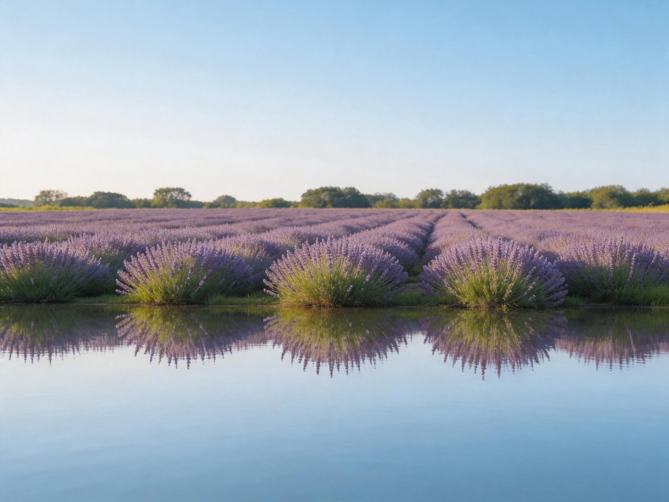 Lavender Fields with Vibrant Purple Blooms Reflecting in Still Water