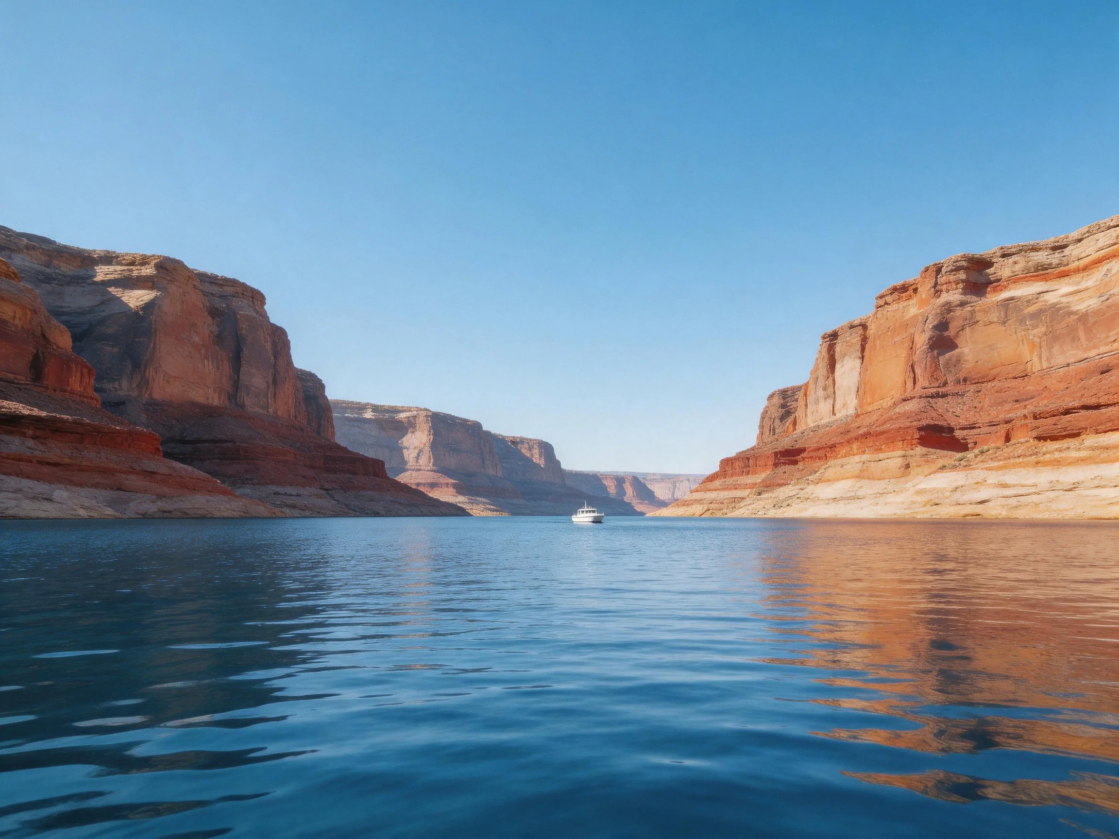 Layered red rock cliffs frame a calm blue lake with a distant boat