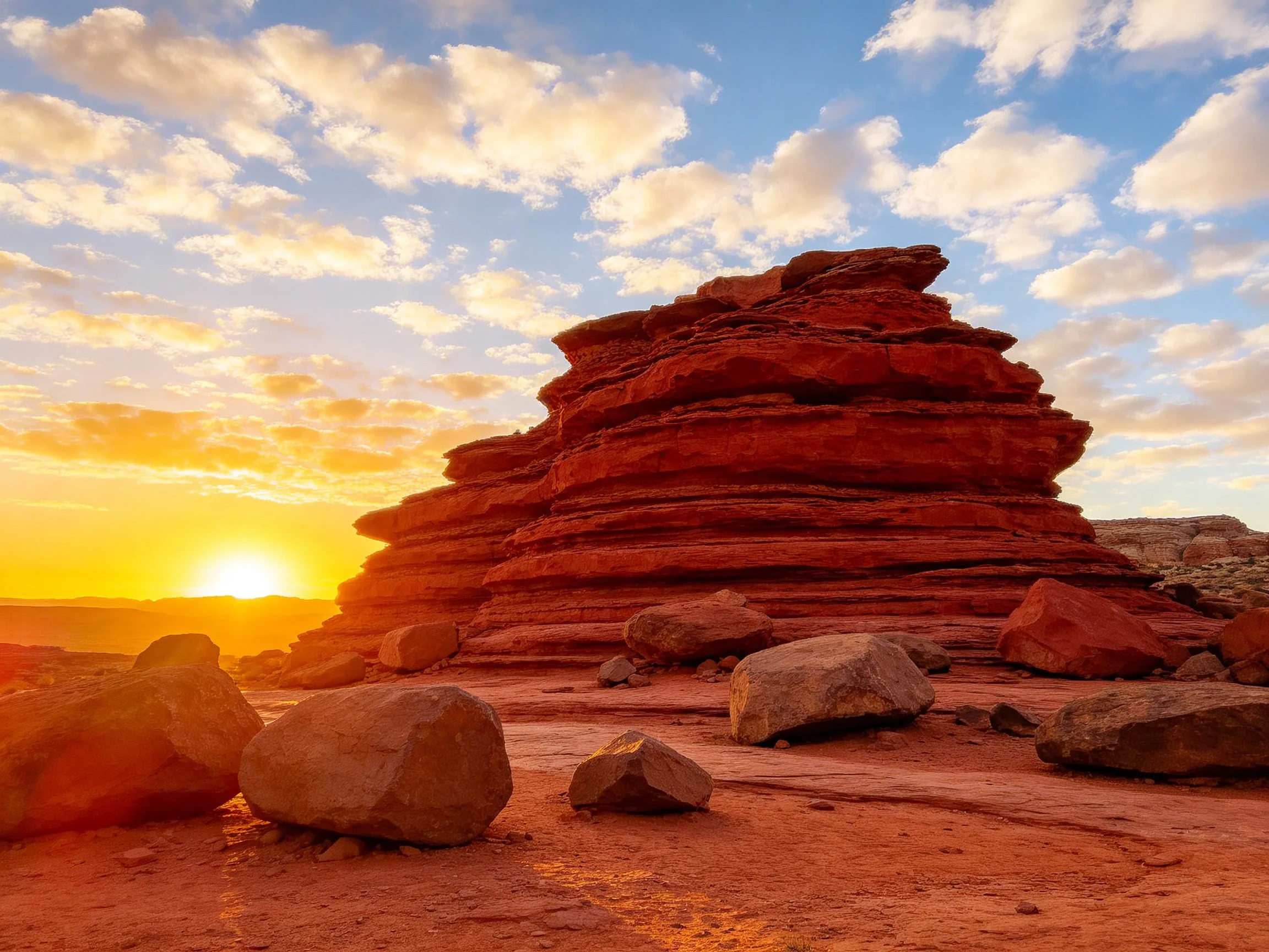 Layered red rock formation in desert under vibrant sunset sky