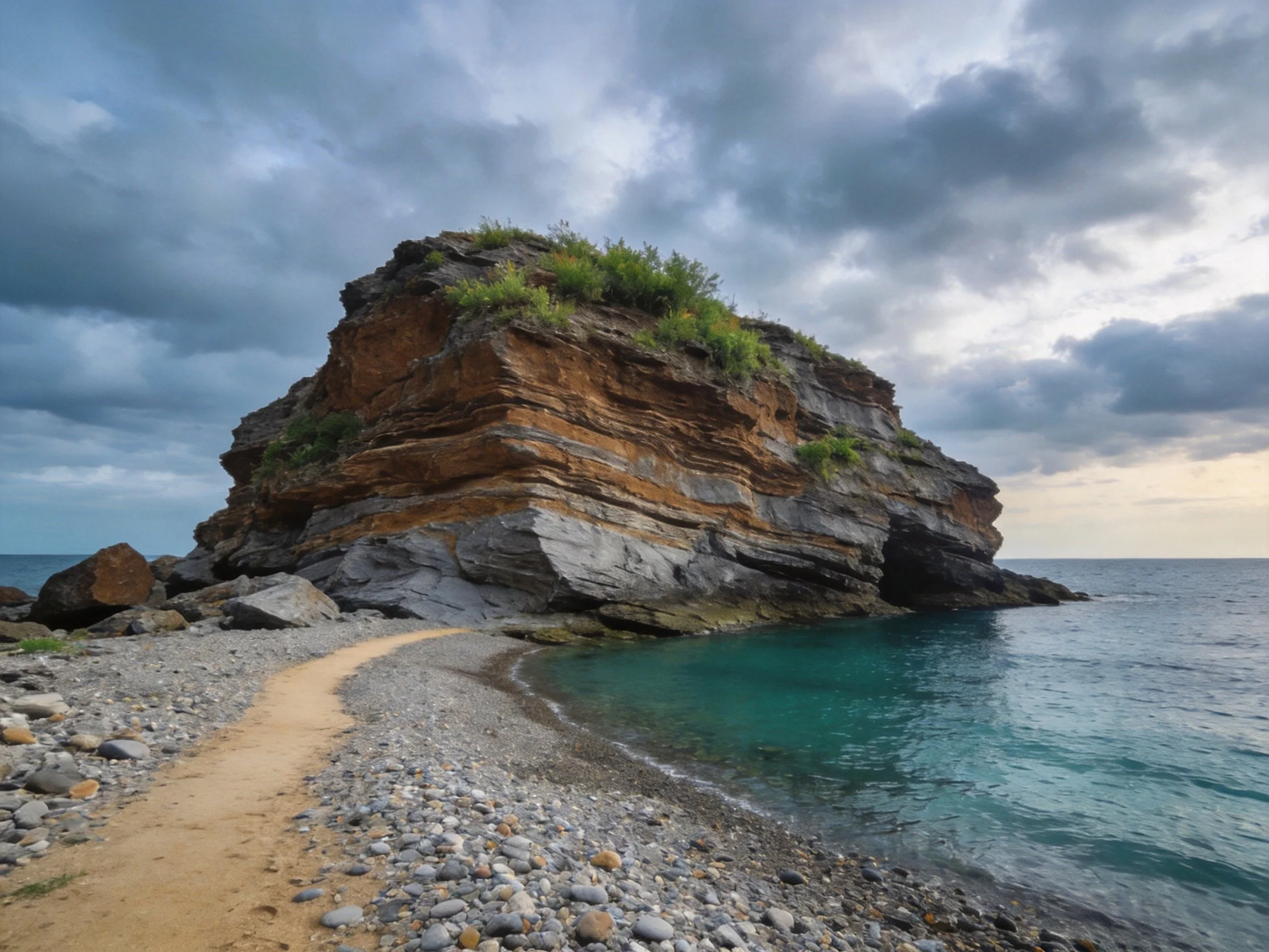 Layered rock formation dominates coastal shore with turquoise waters