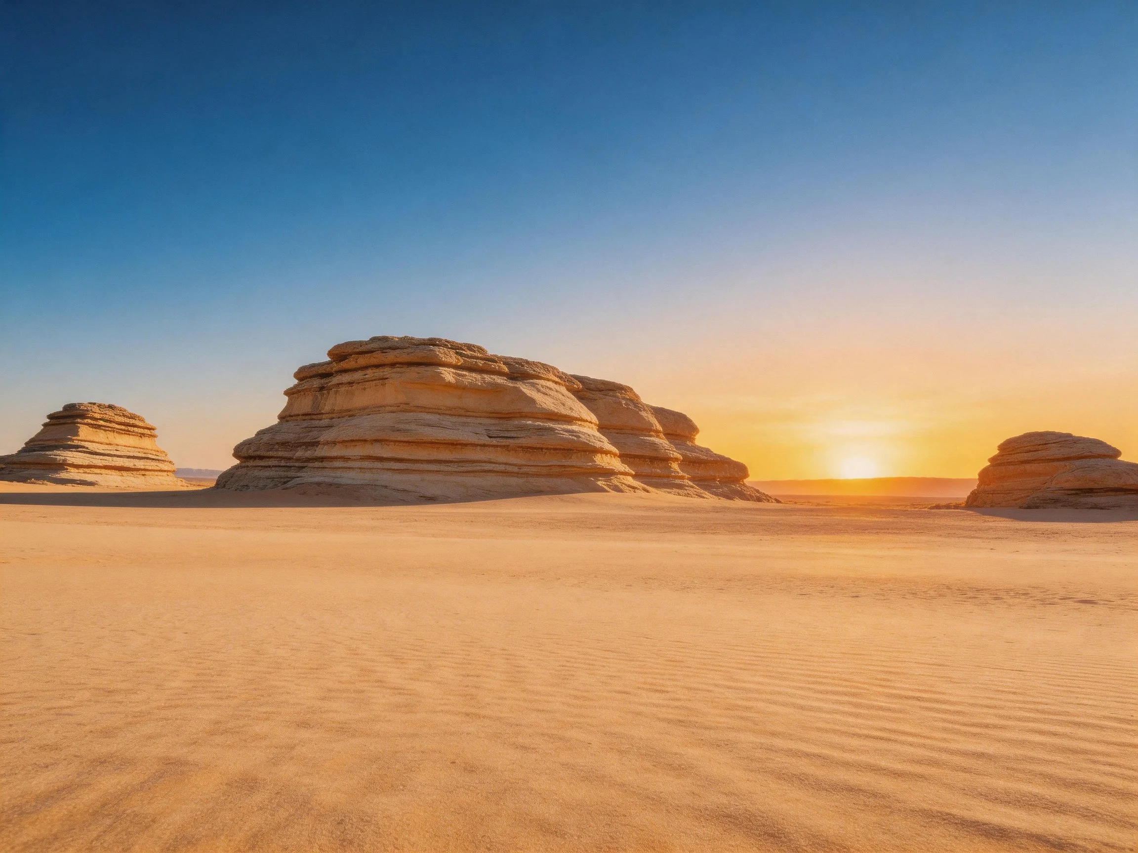 Layered rock formations in a golden desert landscape
