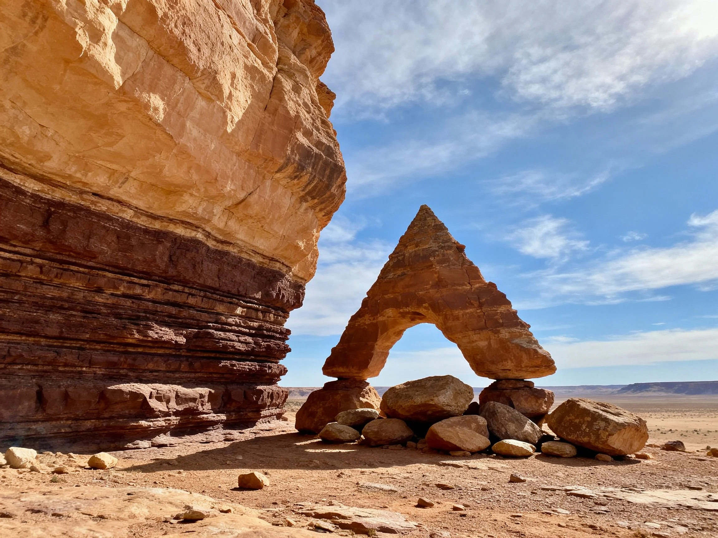 Layered sandstone cliffs beside a triangular stone arch in arid terrain