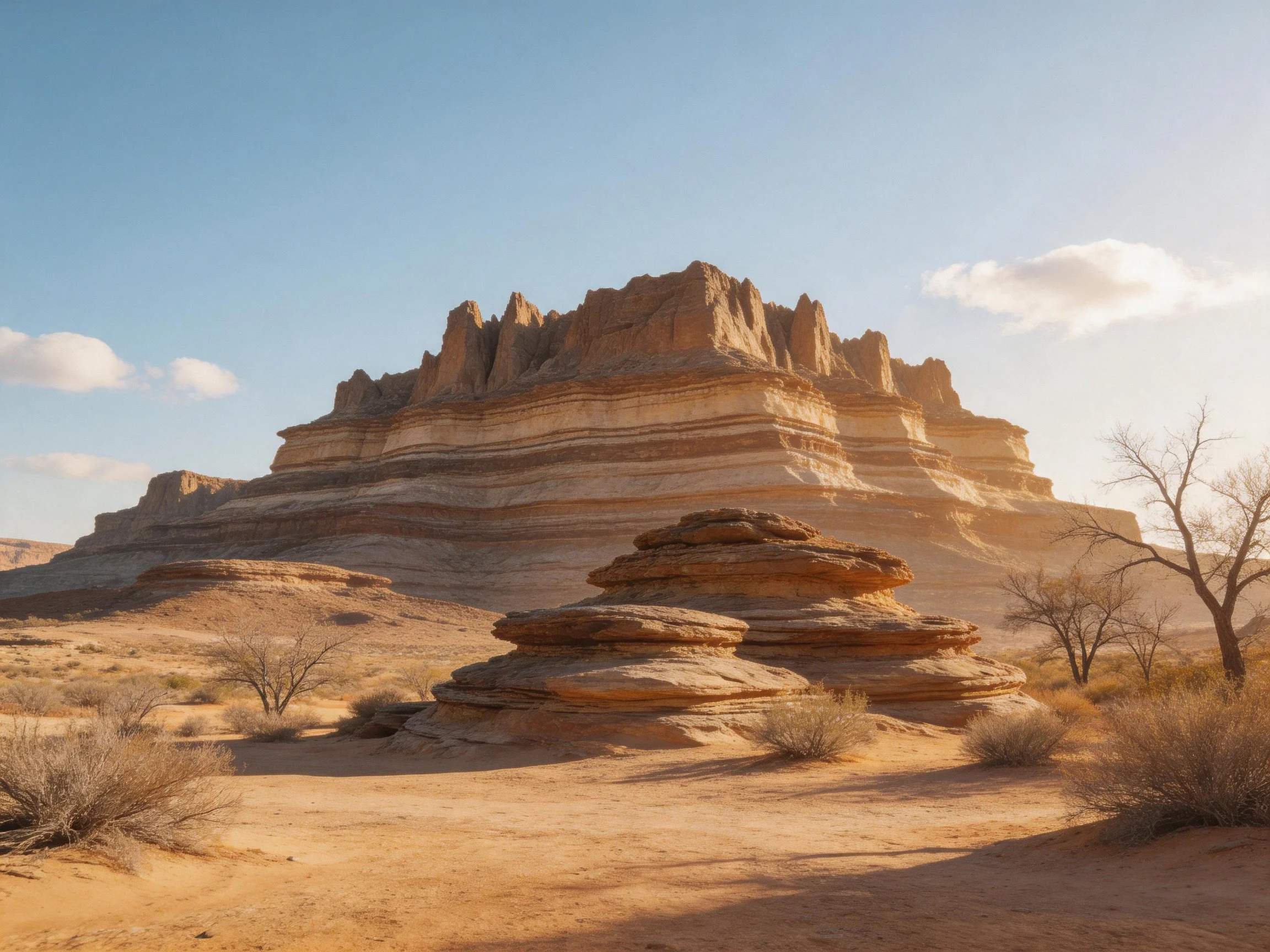 Layered sandstone cliffs in arid desert landscape with golden hues