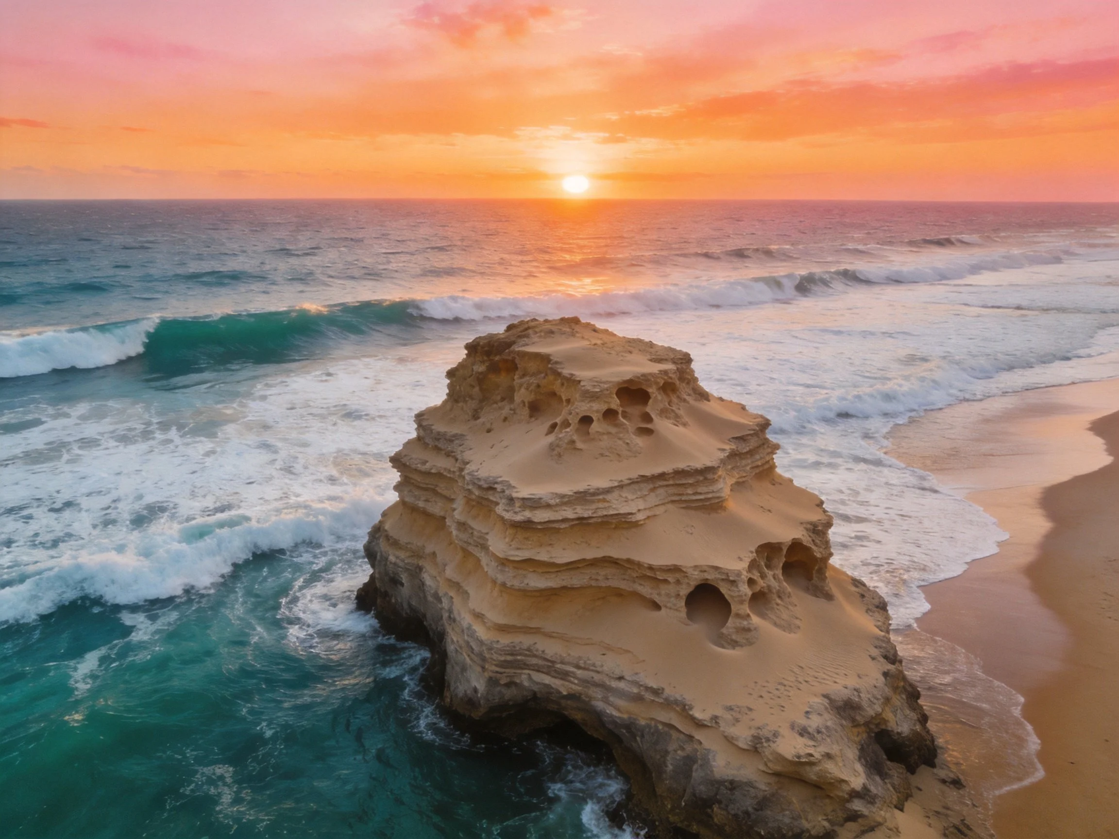 Layered sandstone formation by turquoise ocean at colorful sunset