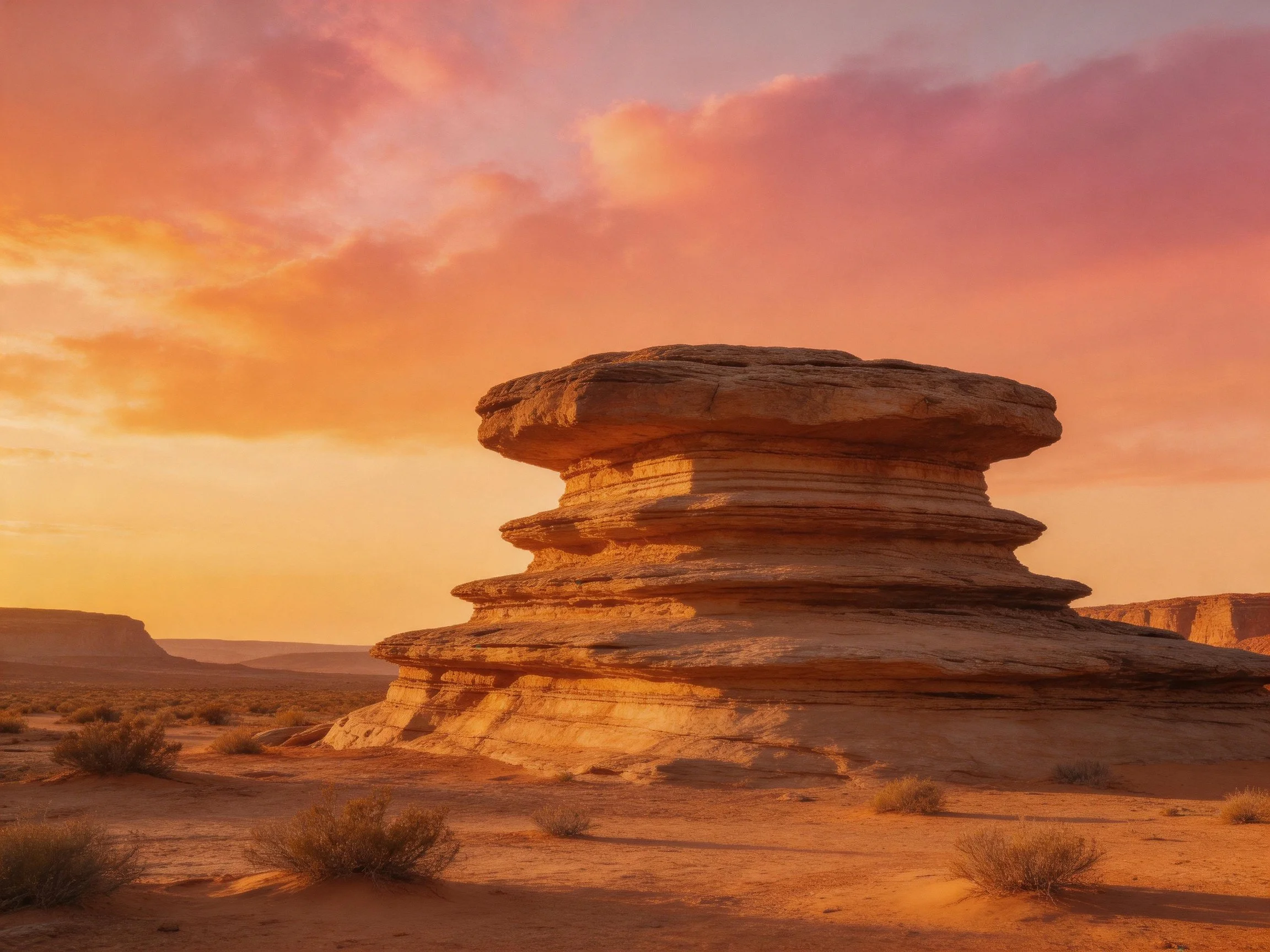 Layered sandstone formation in arid desert under vibrant sunset sky
