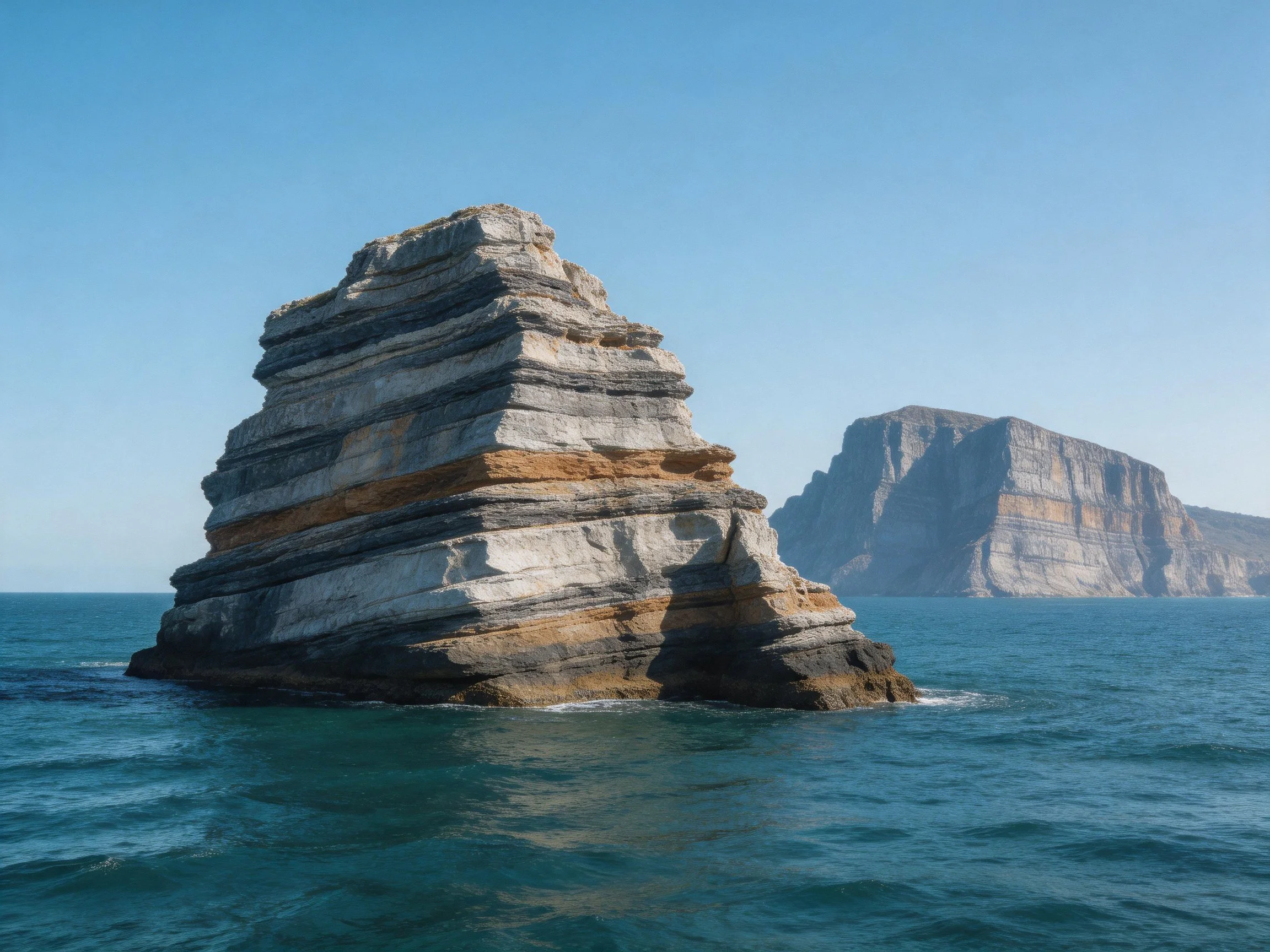 Layered stone formations rise from deep blue ocean waters