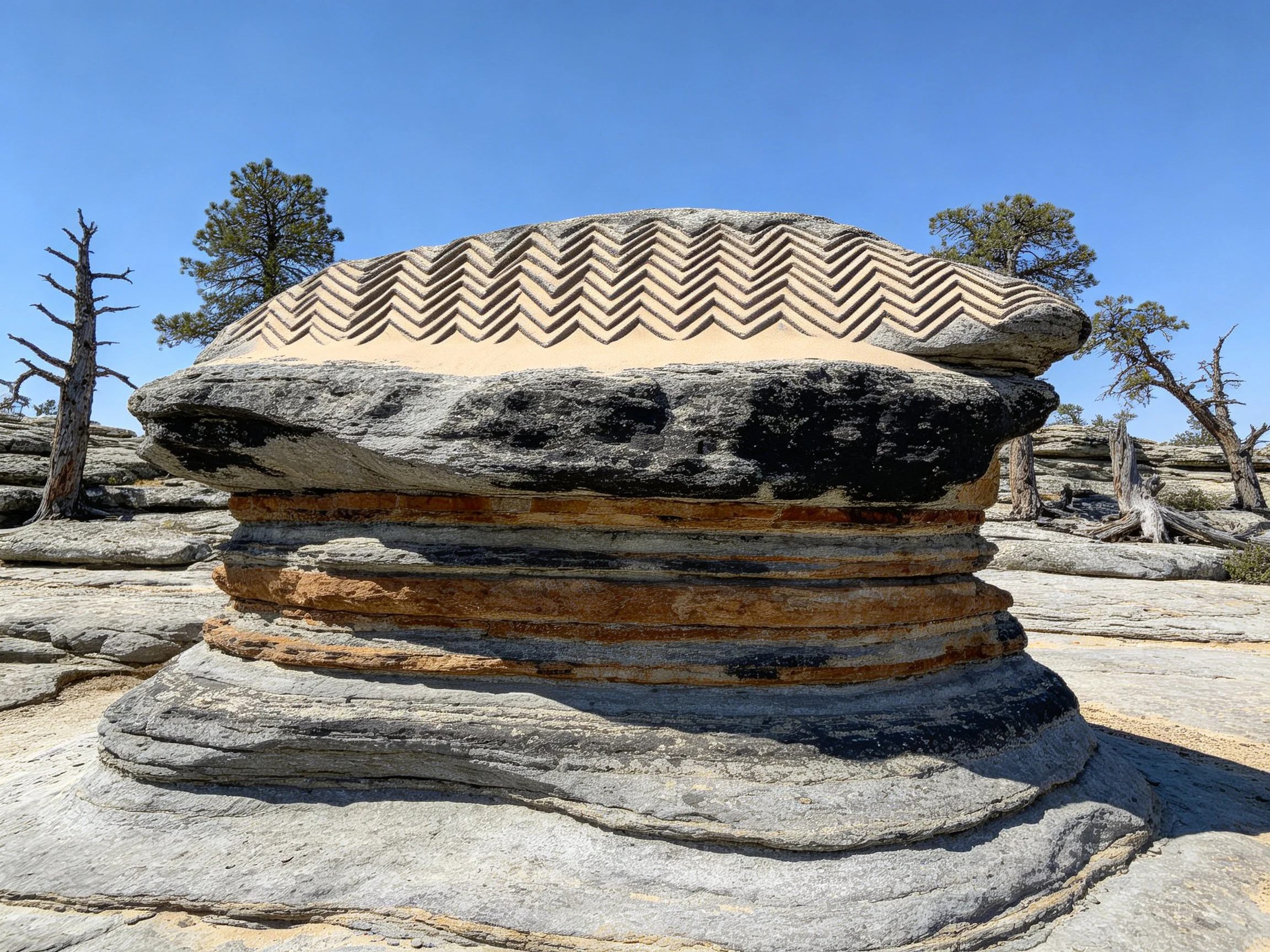 Layered stone structure with chevron pattern near deserttrees