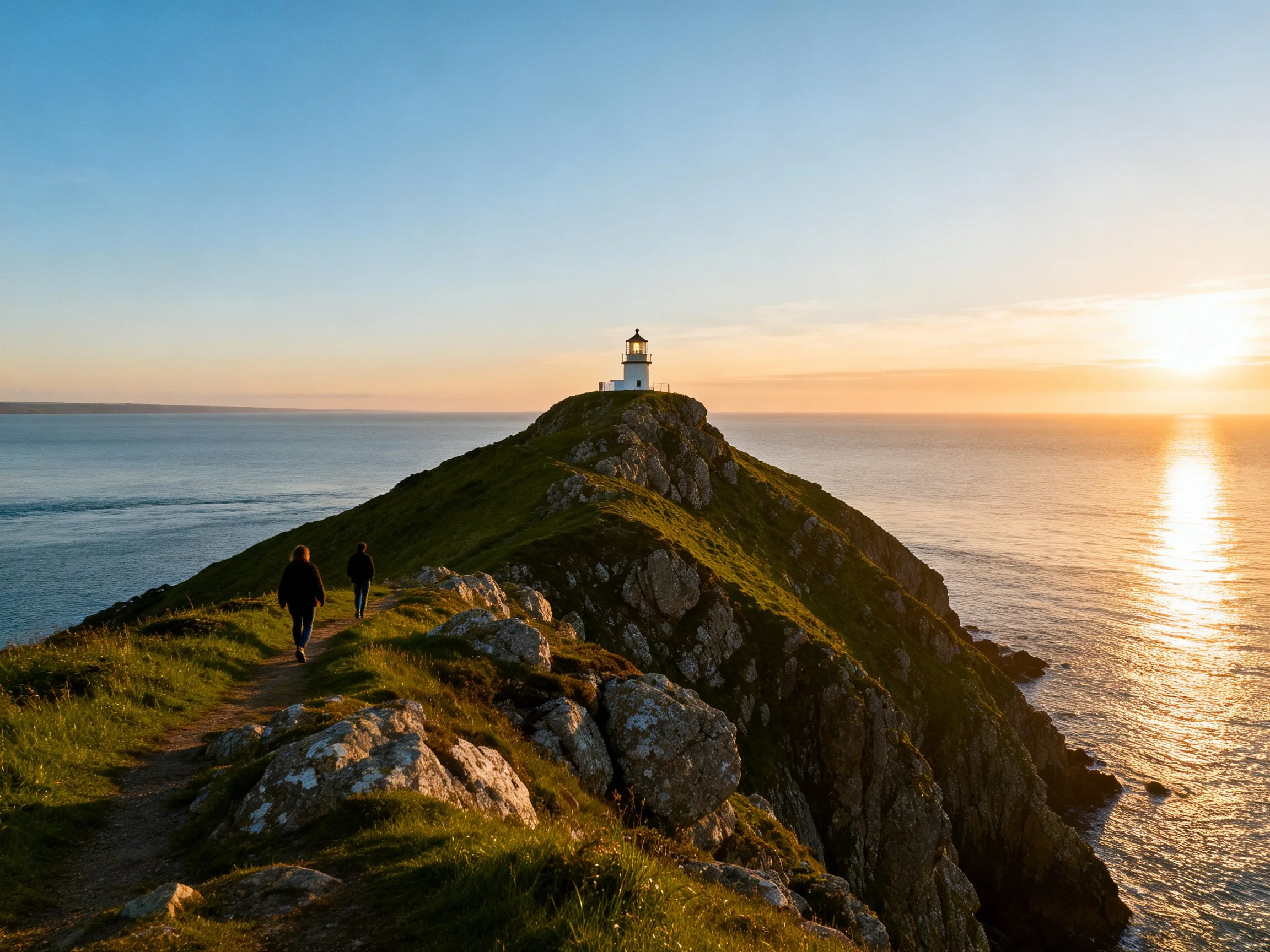 Lighthouse on rocky cliff overlooking ocean at golden hour