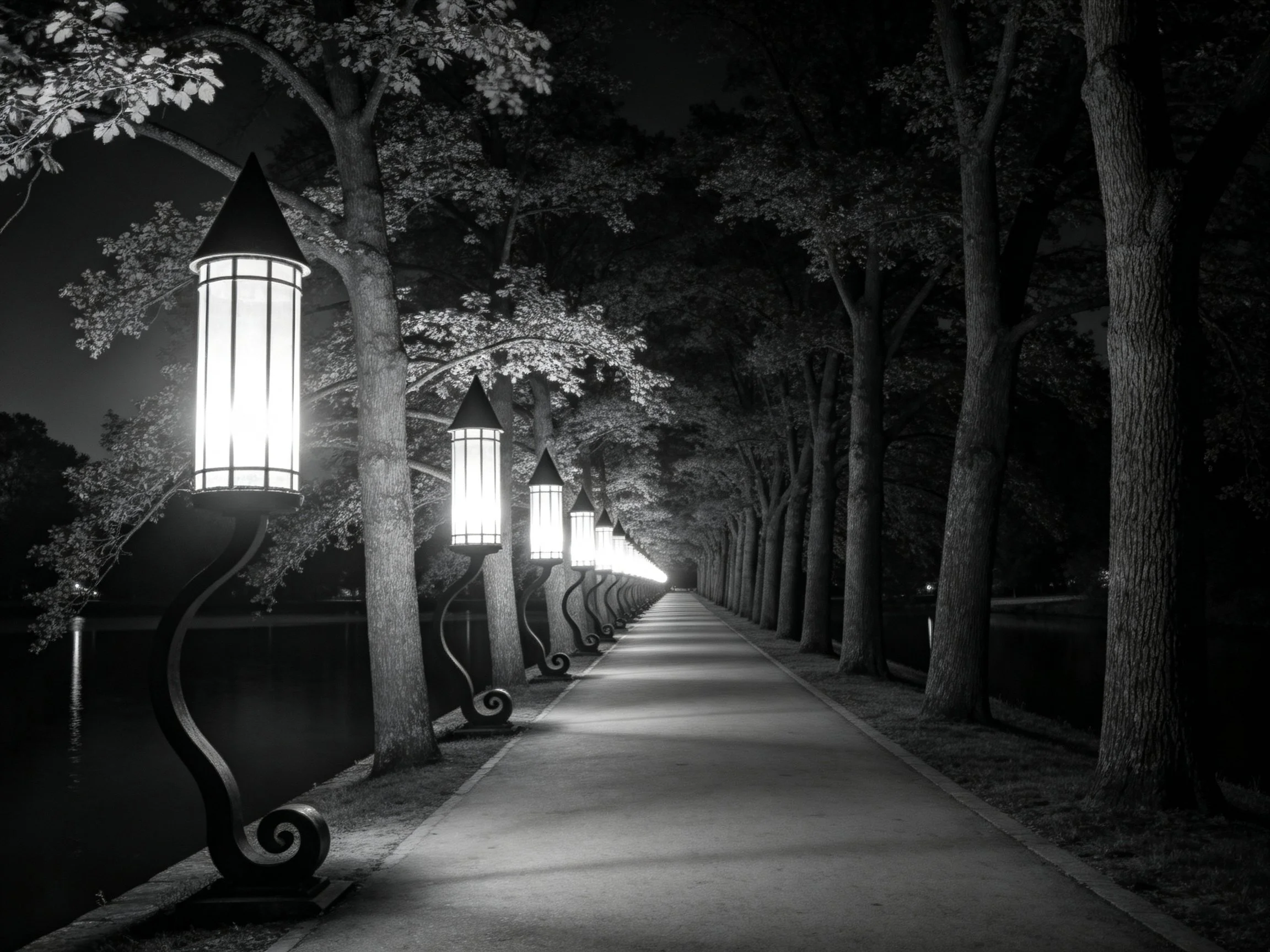 Linear arrangement of illuminated lamps along tree-lined nighttime pathway