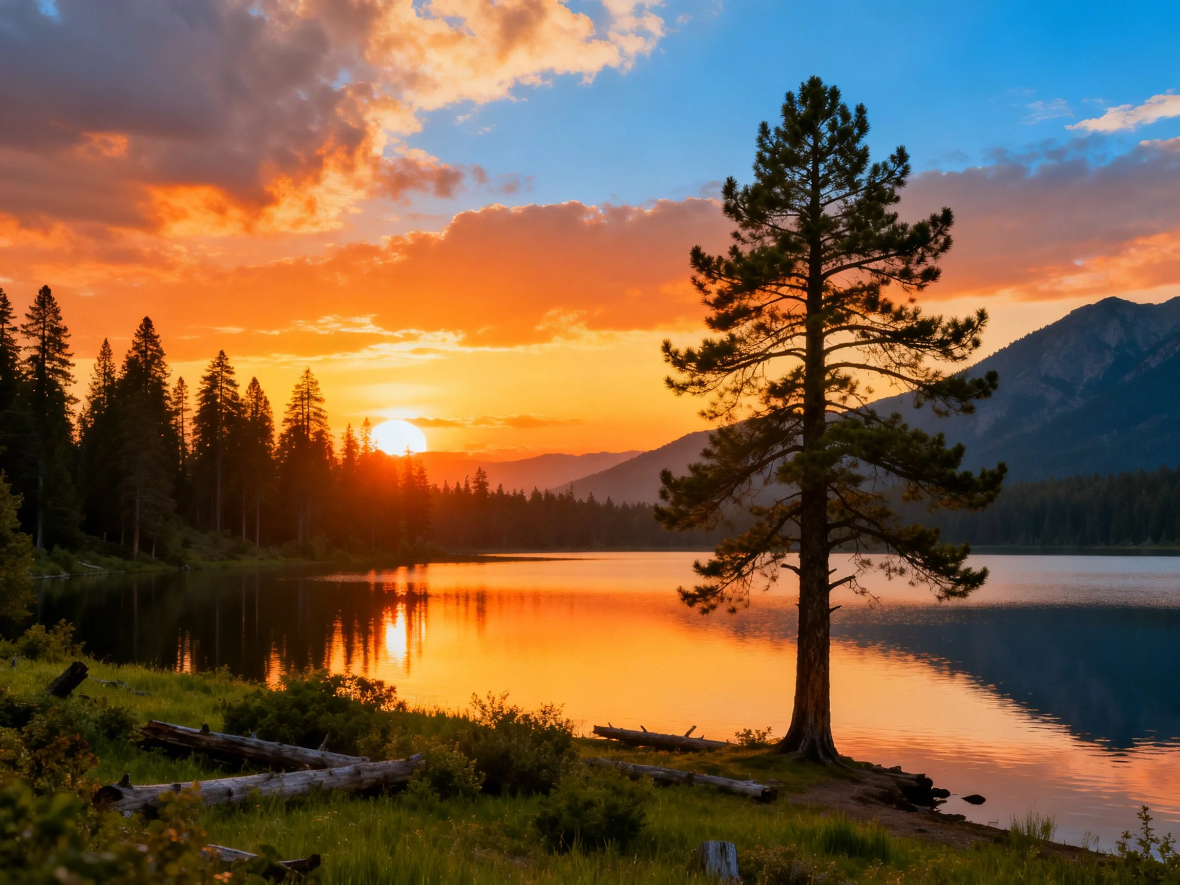 Lone Pine by Sunset Lake with Forested Mountains