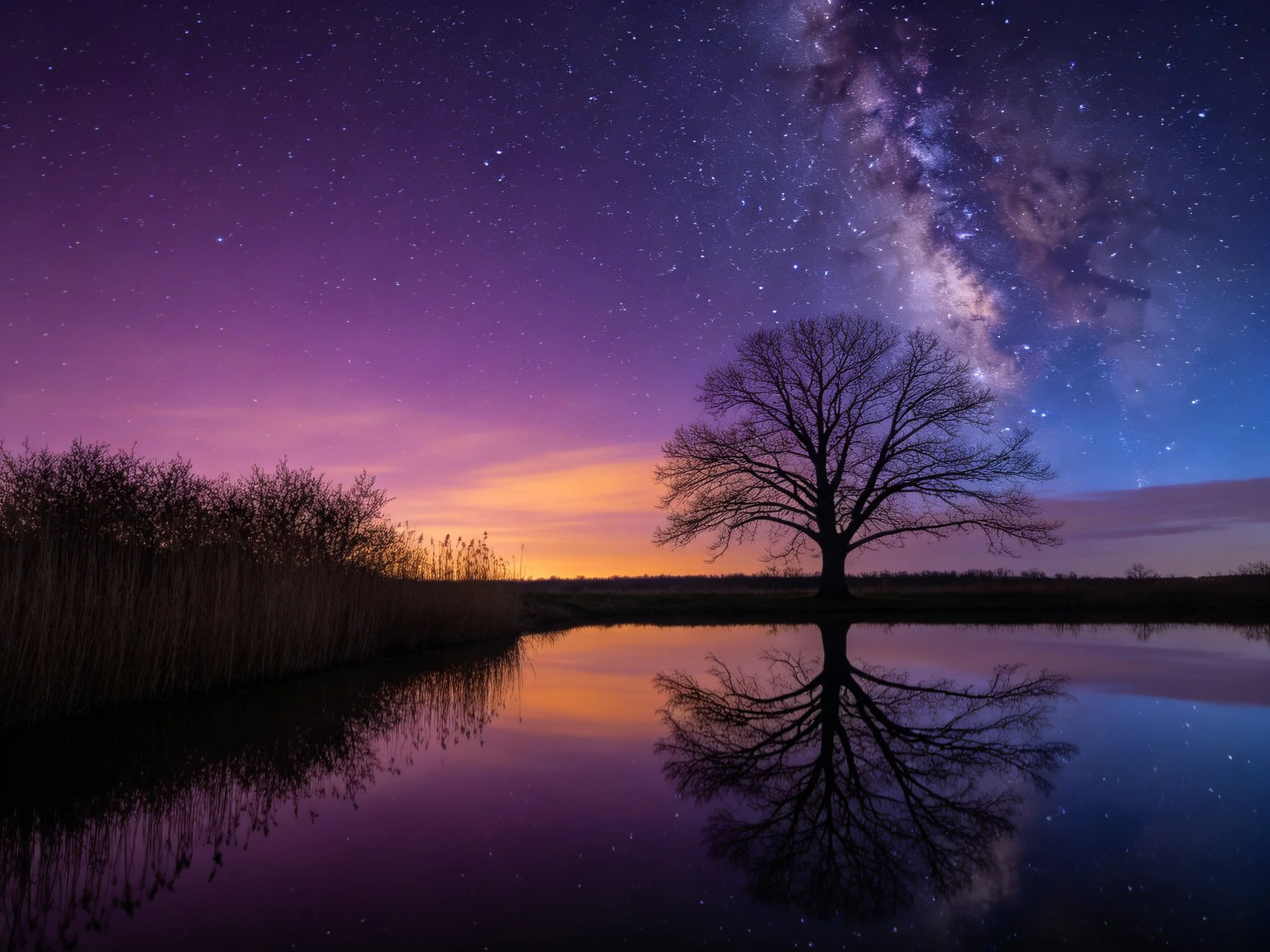 Lone Tree Reflection Under Starry Milky Way Skies