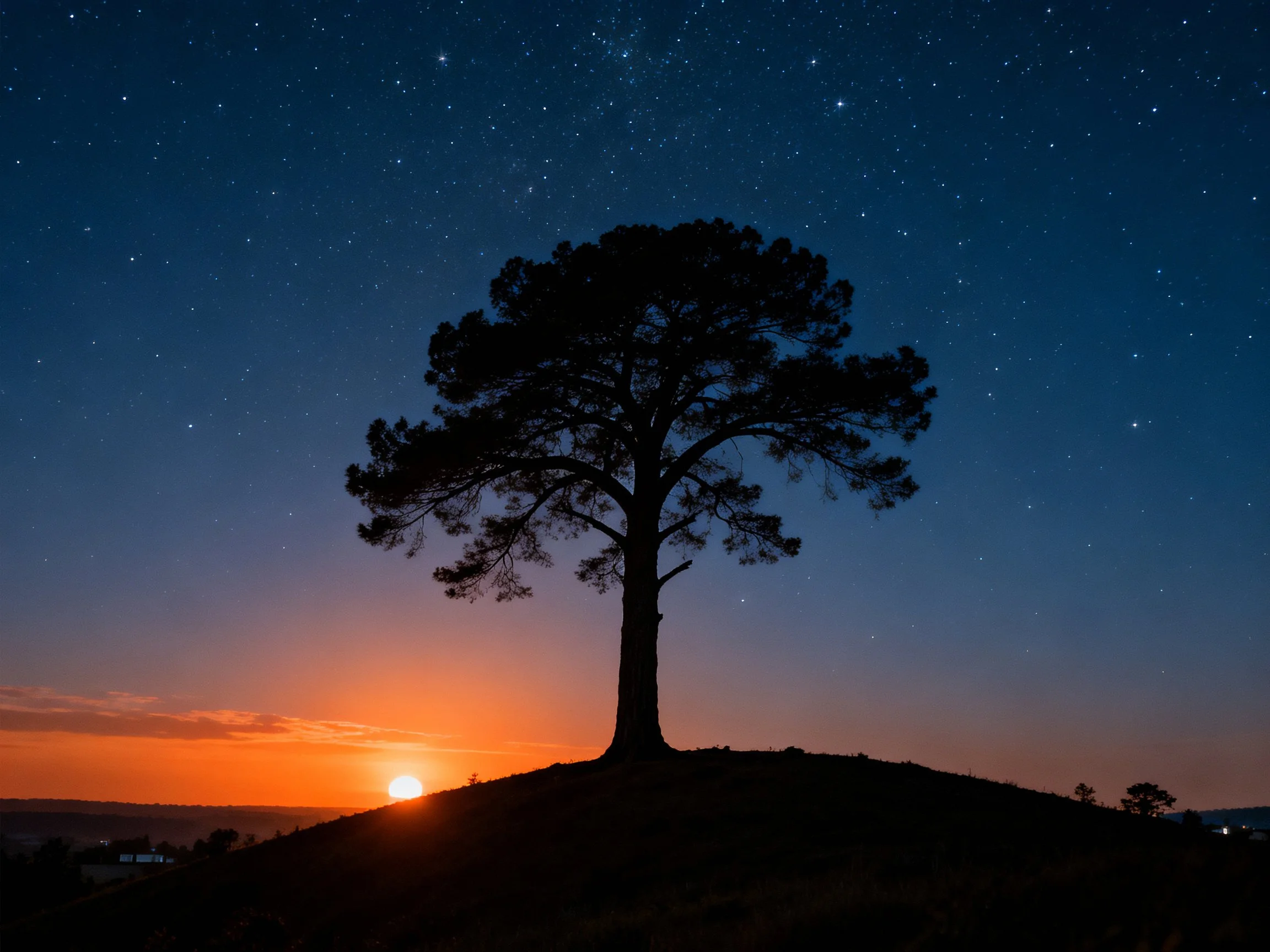 Lone Tree Silhouetted Against Star-Filled Night Sky with Glowing Twilight Horizon
