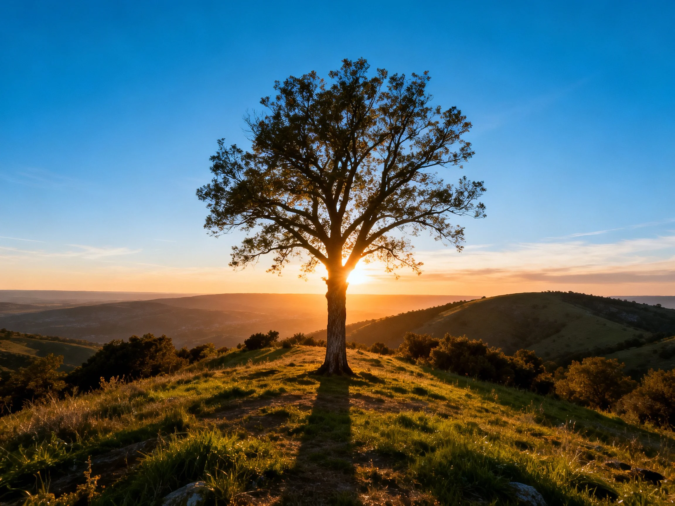 Lone Tree Silhouetted by Golden Sunset Over Rolling Hills
