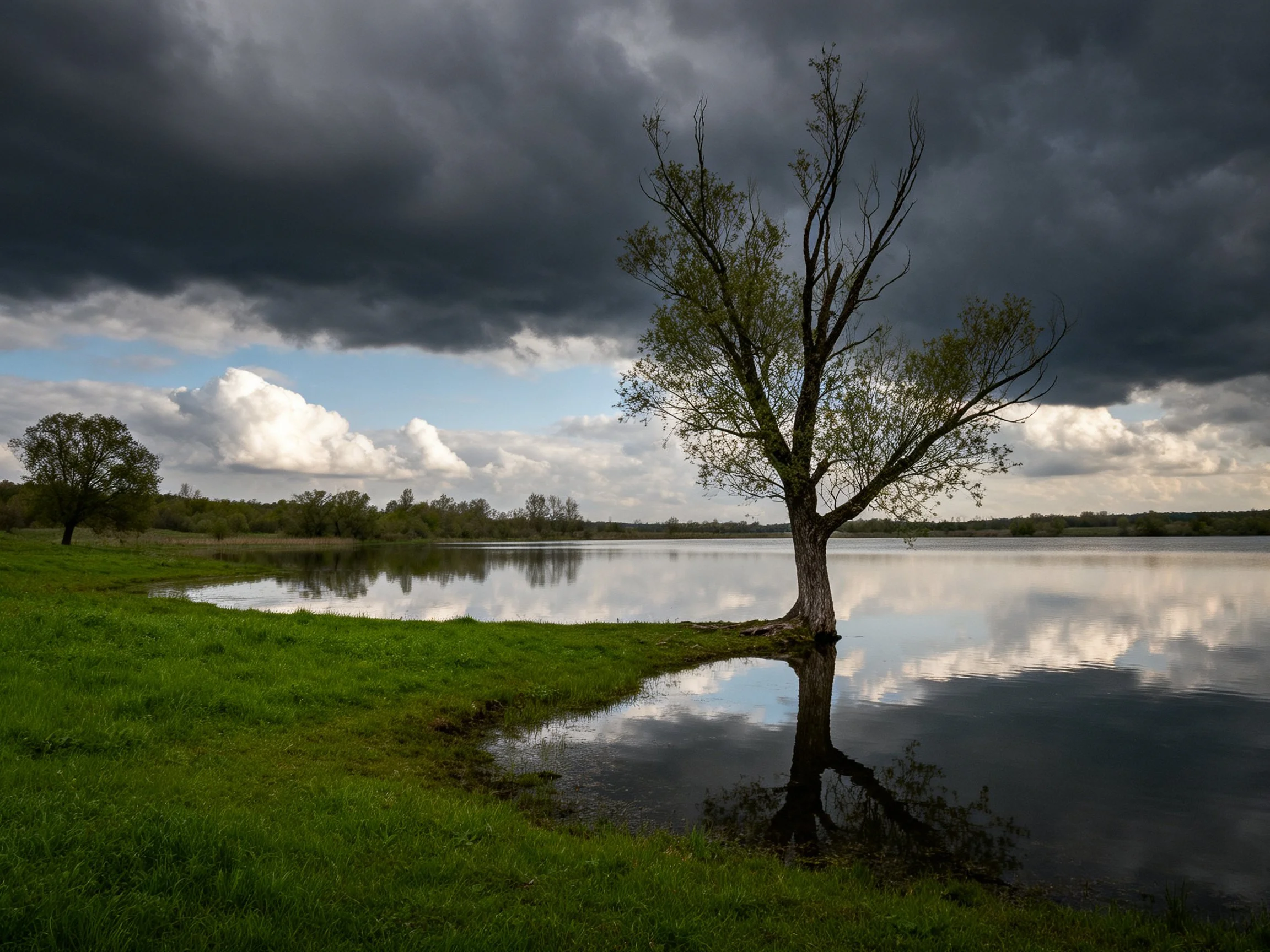 Lone Tree by Calm Lake With Stormy Reflections