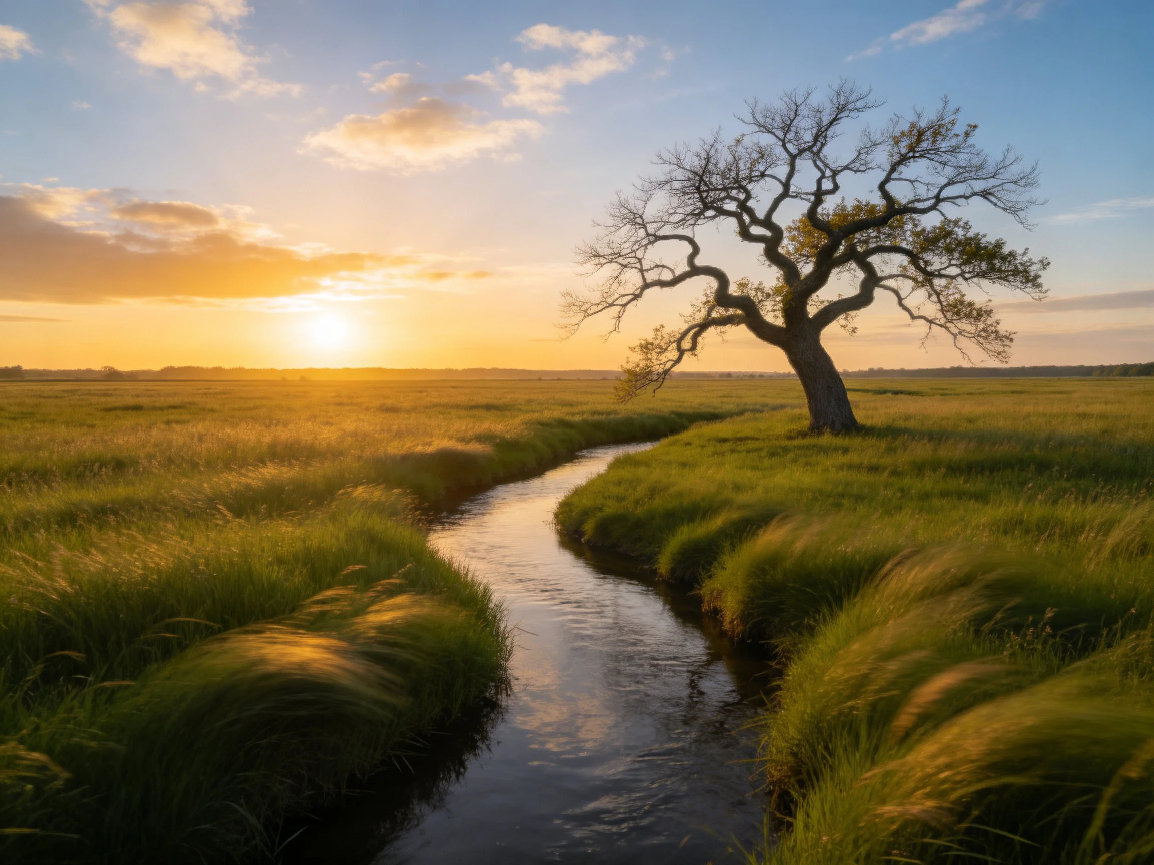 Lone Tree by Winding Stream in Golden-Hour Landscape