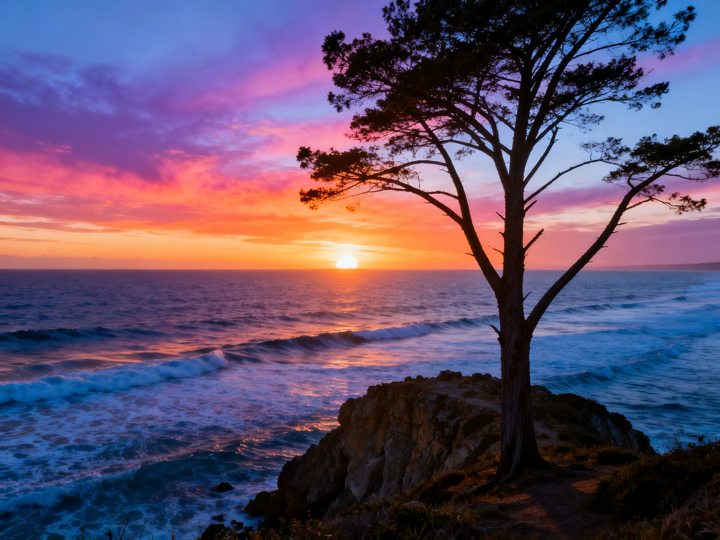 Lone Tree on Coastal Rocks Under Sunset Sky
