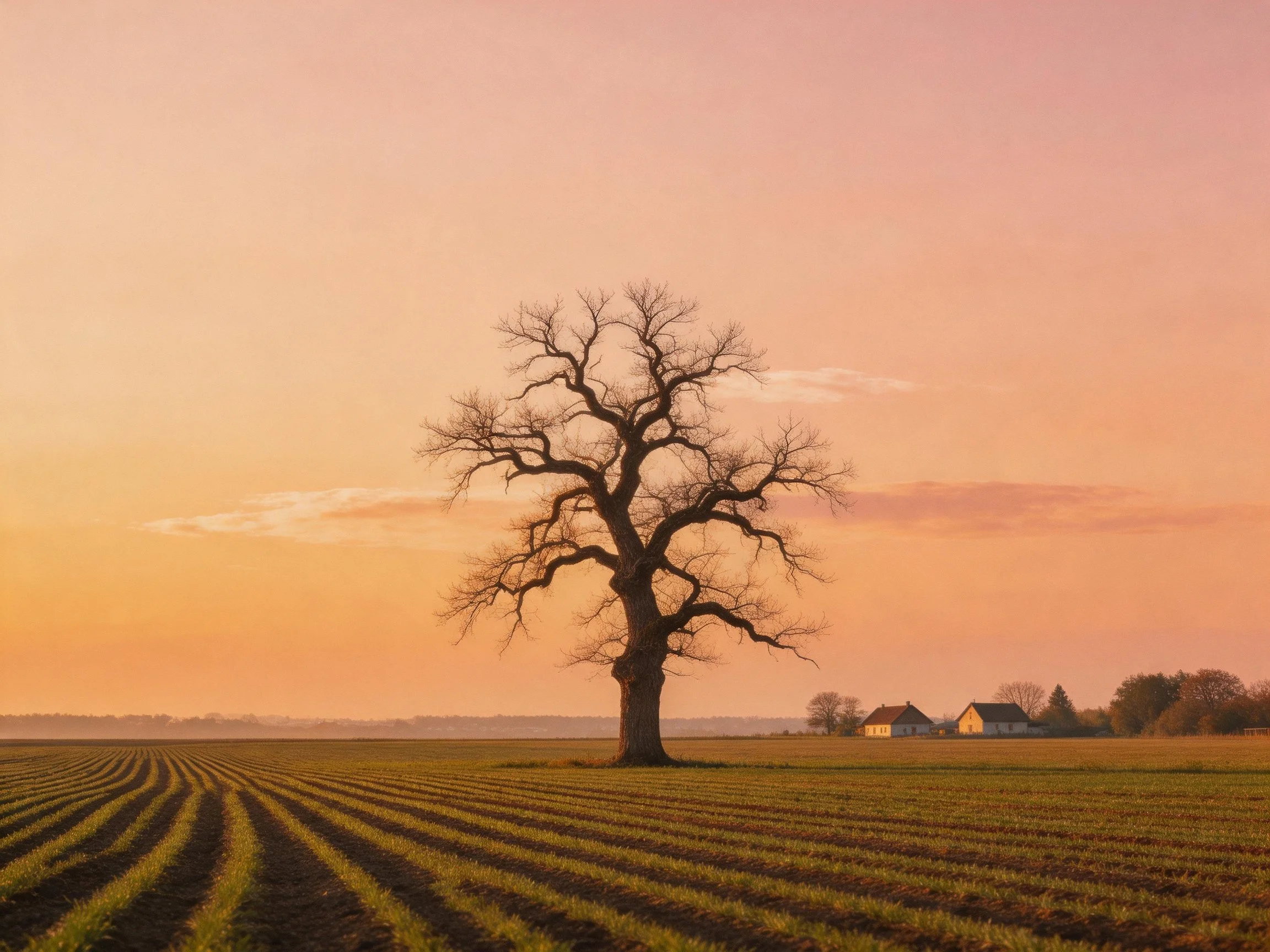 Lone bare tree centered in golden field near farmhouses at sunset