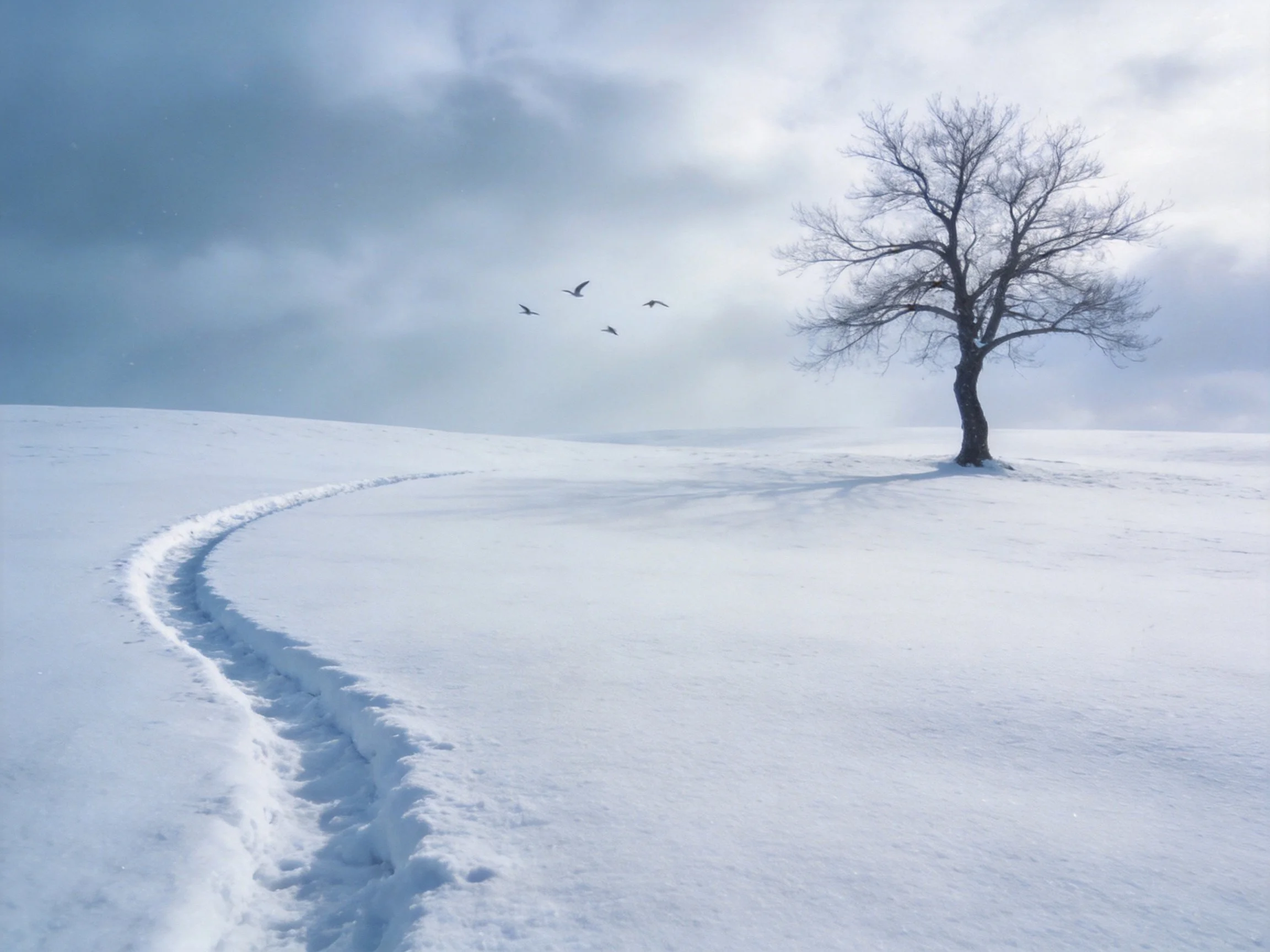 Lone bare tree near curved snow track under cloudy sky