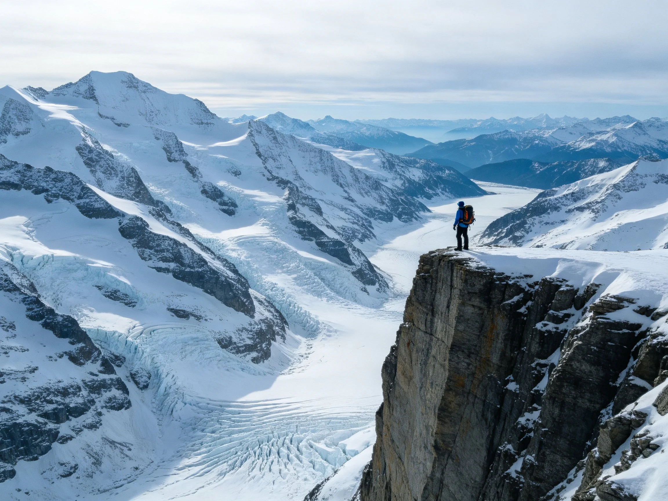 Lone hiker atop snow-covered cliff overlooks massive glaciers