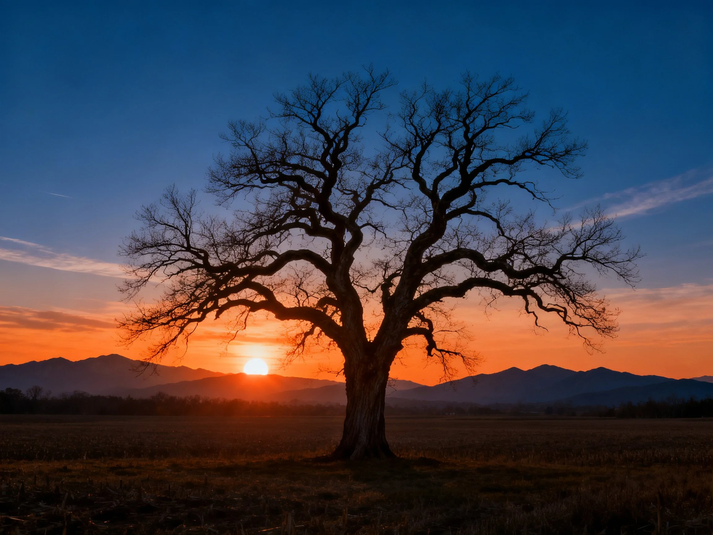 Lone leafless tree silhouetted by vibrant sunset over distant mountains