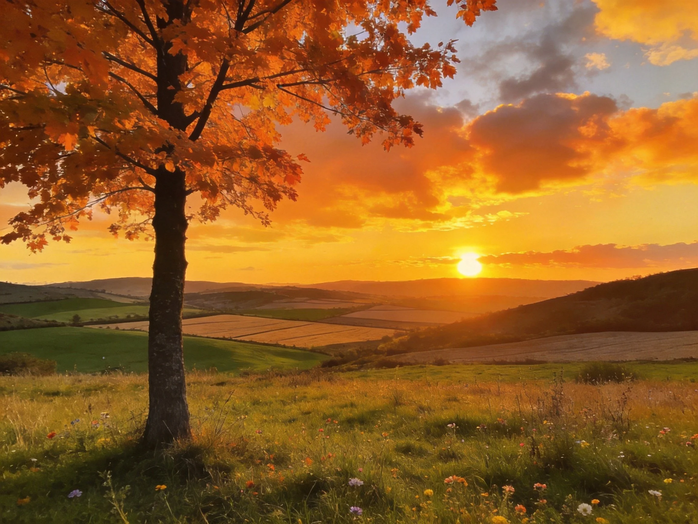 Lone maple tree with autumn foliage near golden fields at sunset