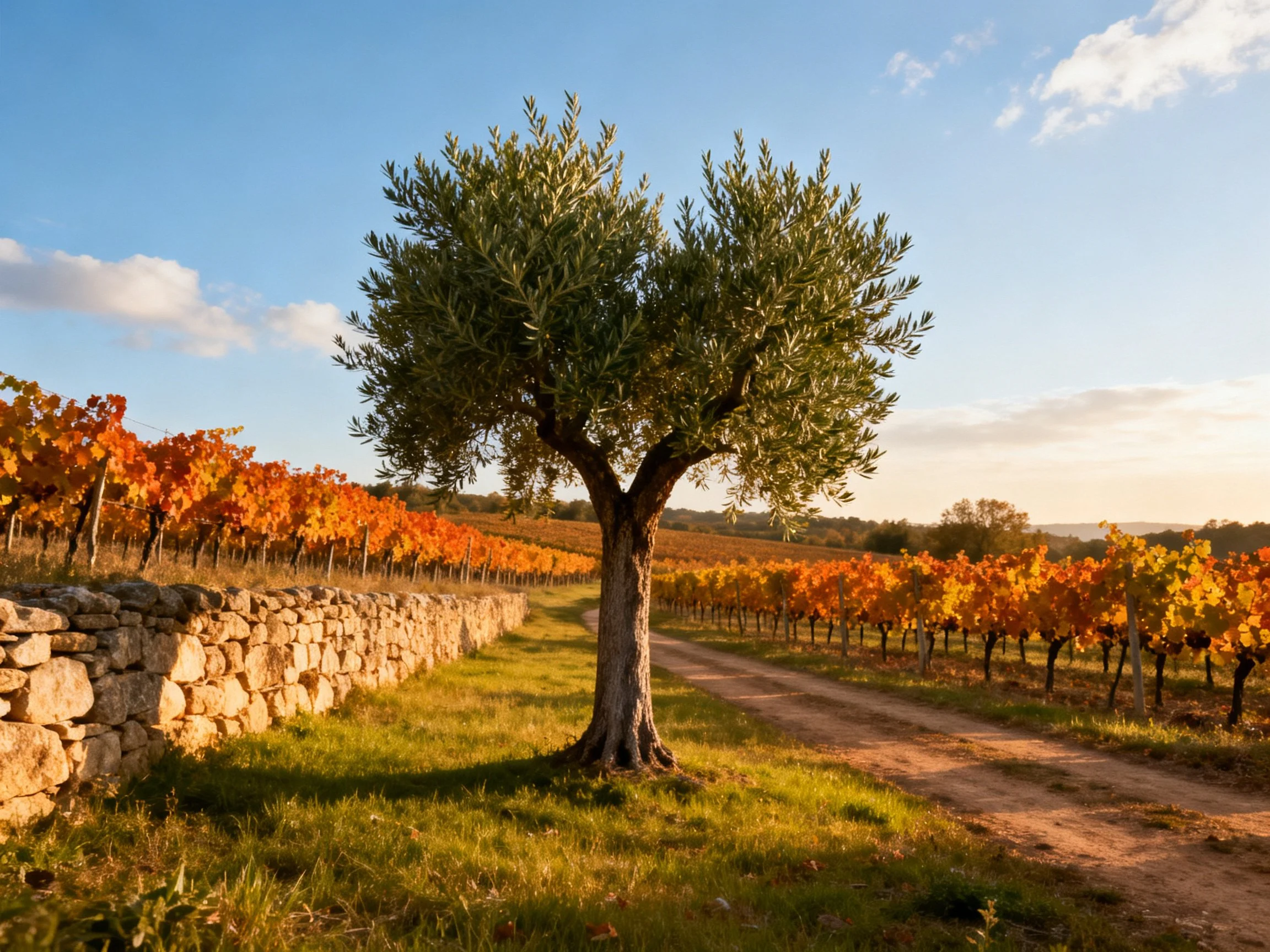 Lone olive tree in autumn vineyards with stone wall
