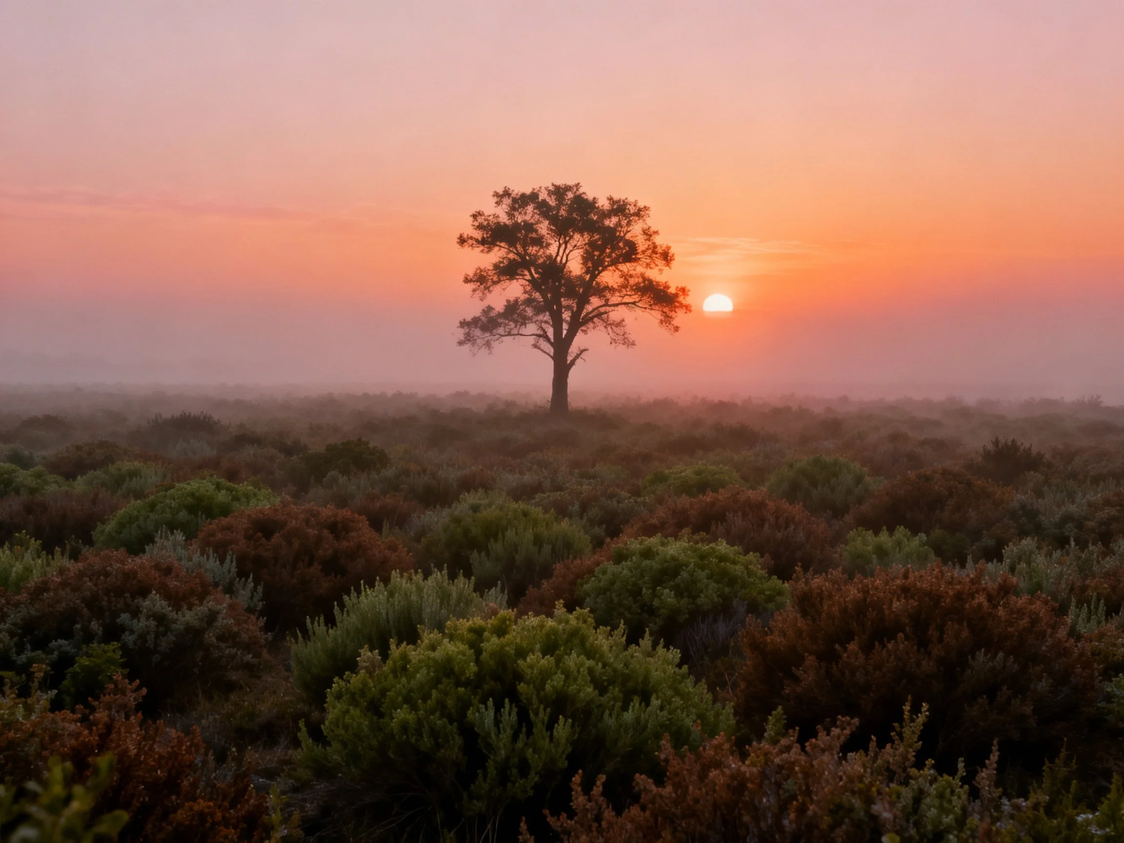 Lone tree amid multicolored shrubs under a misty dawn sky
