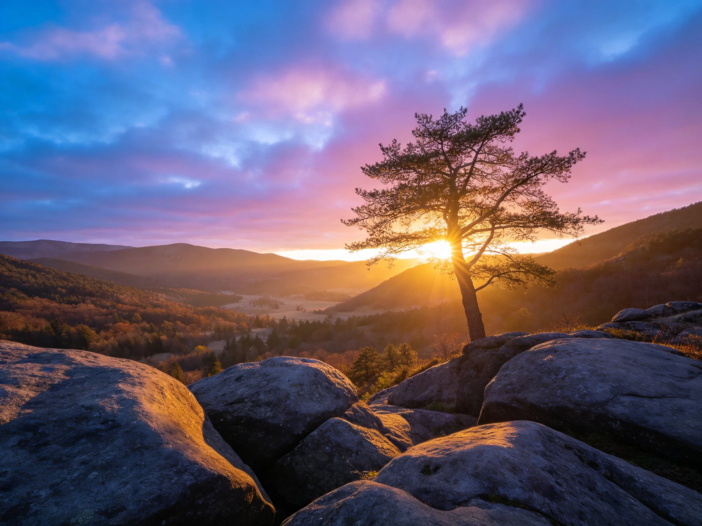 Lone tree atop rocky outcrop under colorful sunset sky