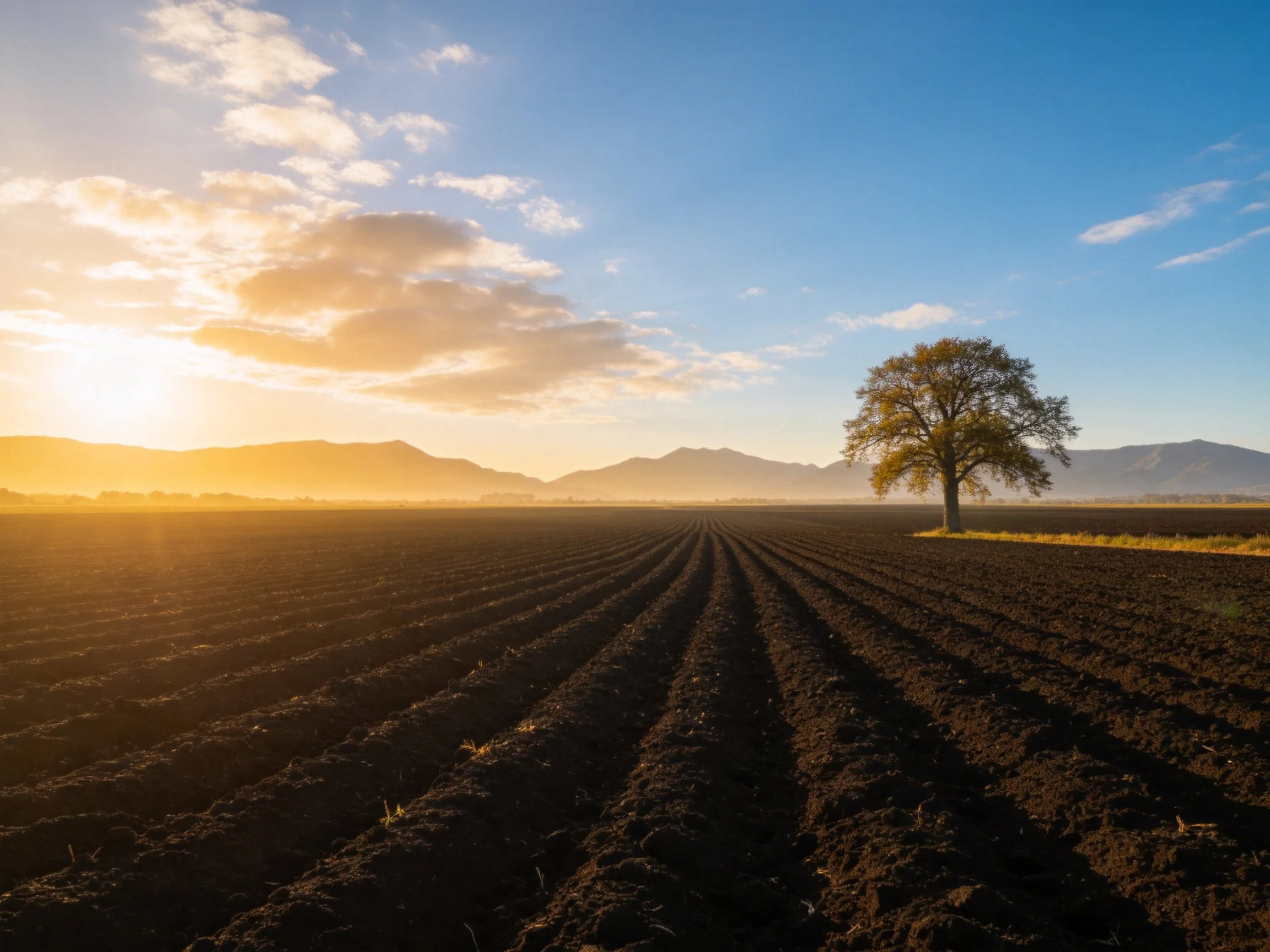 Lone tree beside plowed rows of dark soil under golden sunset