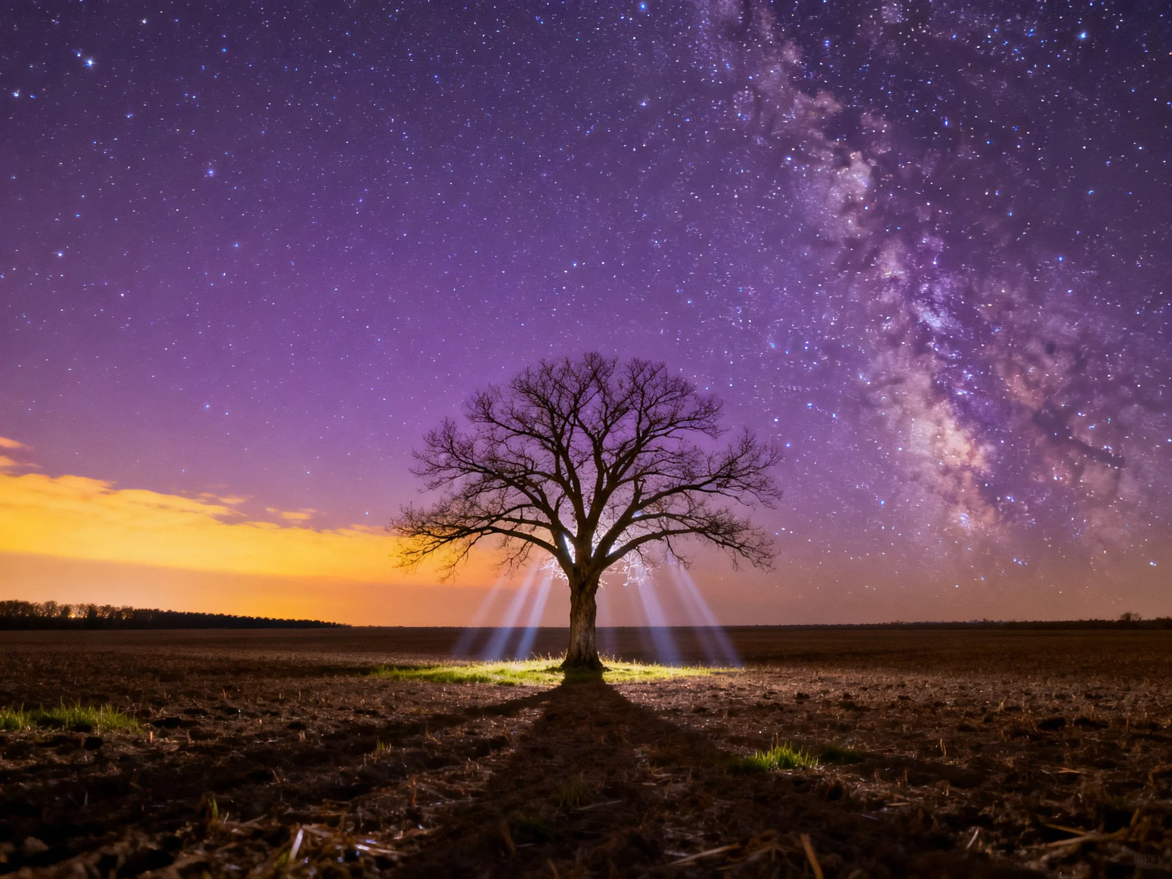 Lone tree centered under starry purple night sky with Milky Way