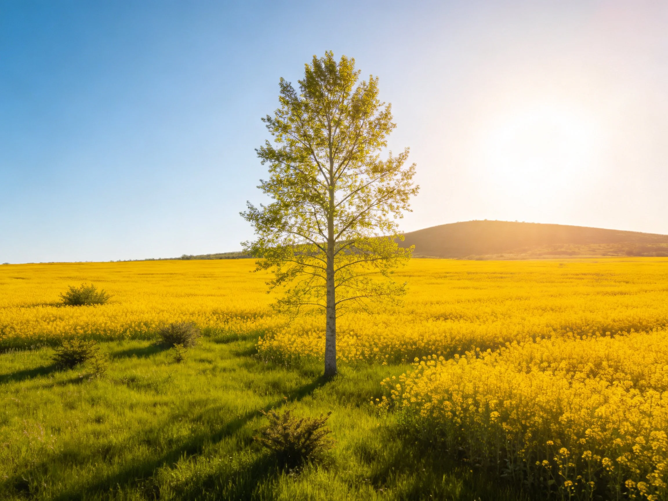 Lone tree in expansive golden flower field under clear blue sky