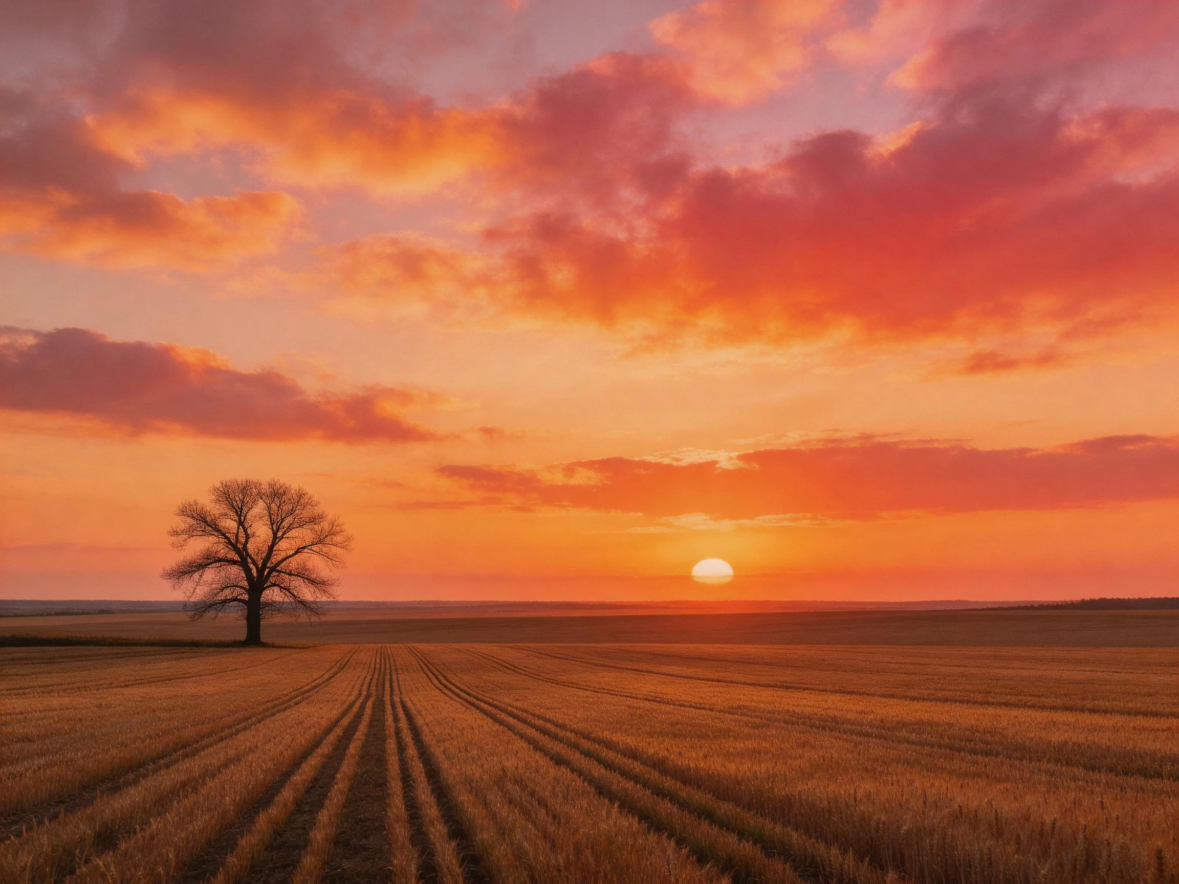 Lone tree in golden field beneath vibrant sunset sky