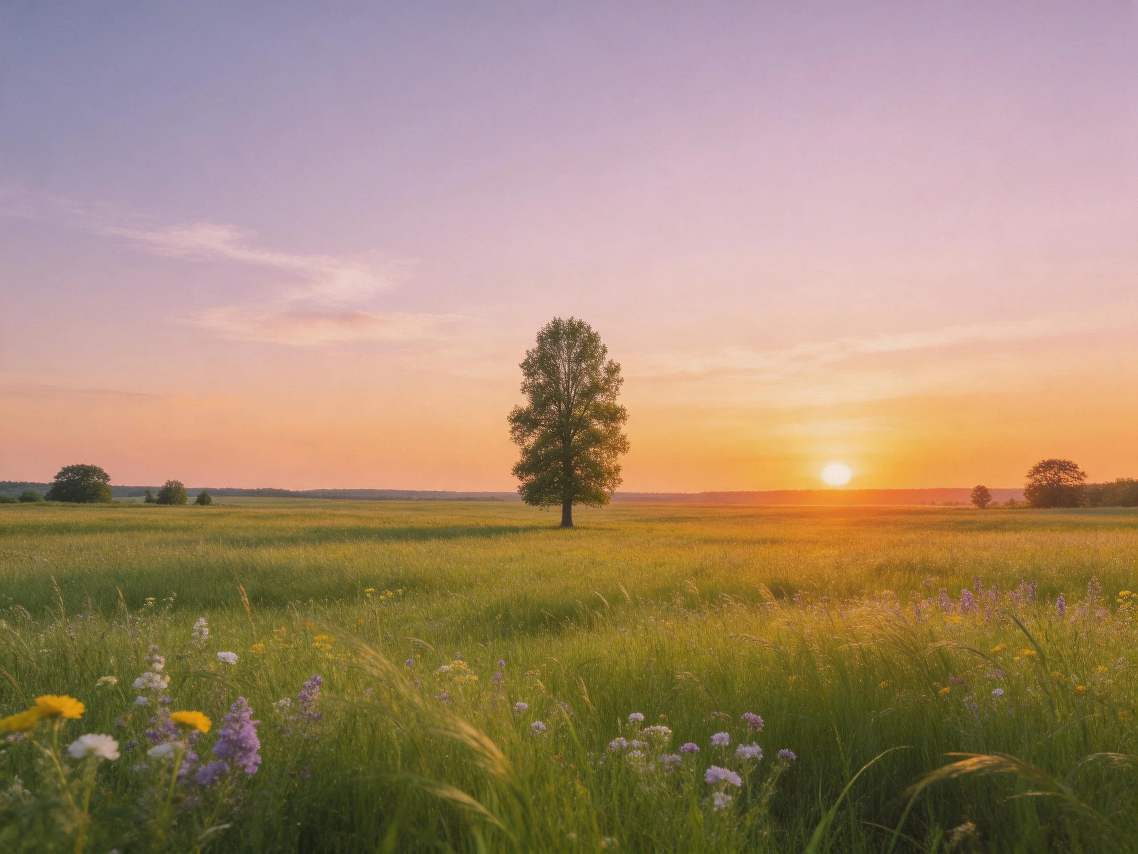 Lone tree in sun-drenched meadow under colorful sunset sky