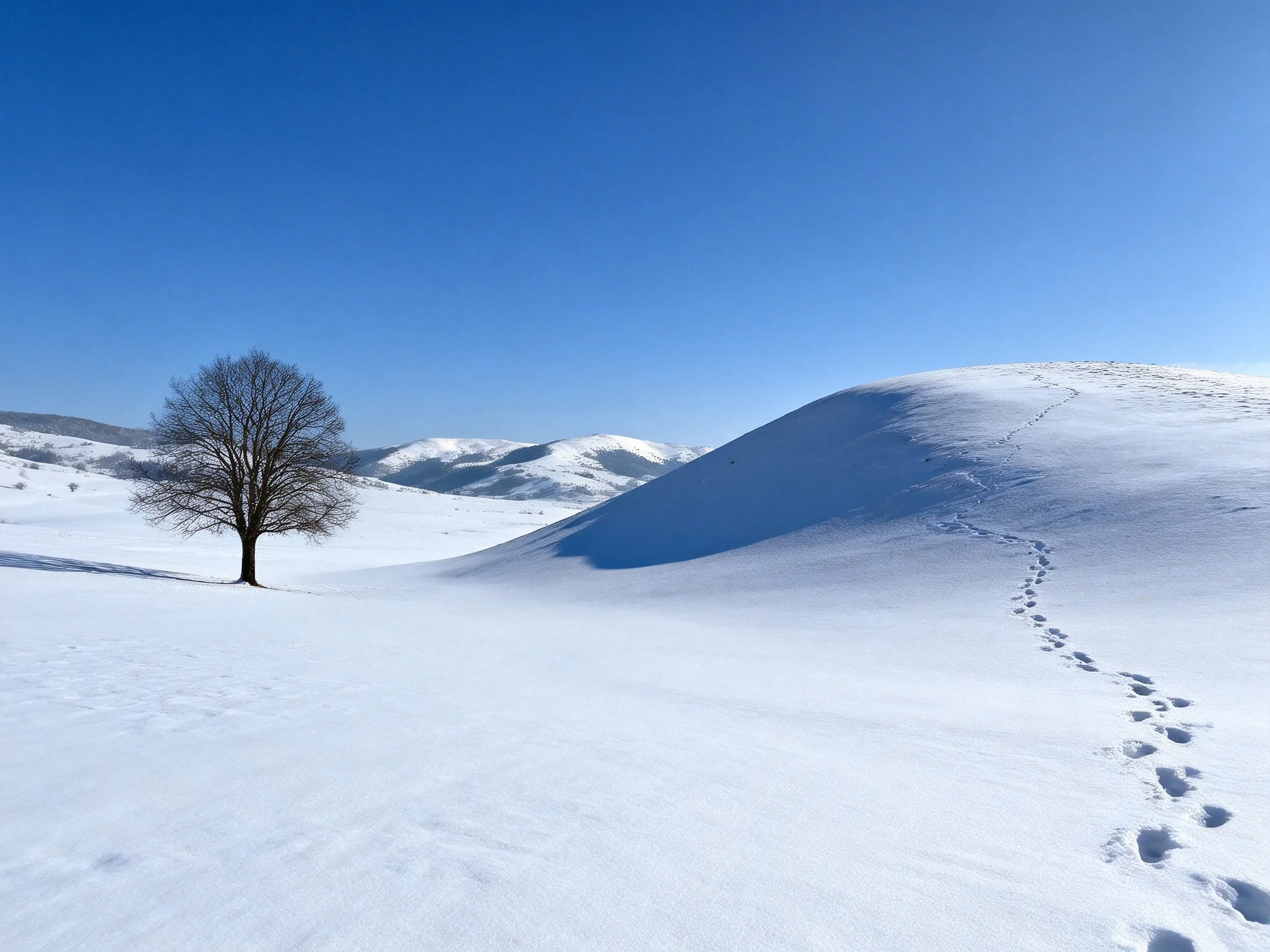 Lone tree in vast snowy field with footprints and distant mountains