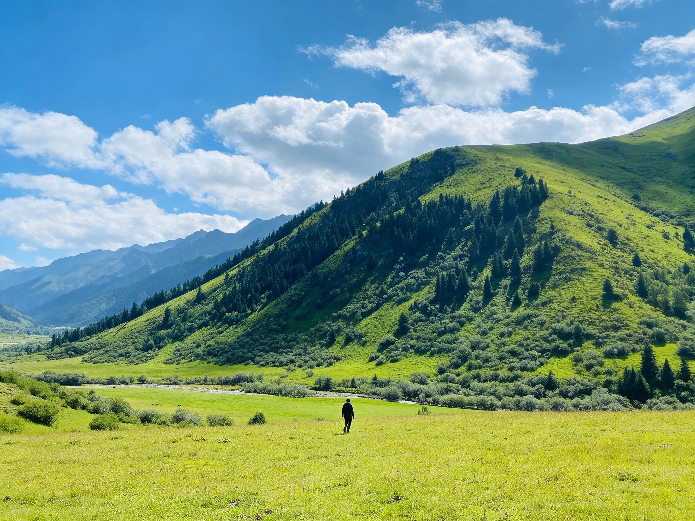 Lone walker in verdant meadow near forested hills