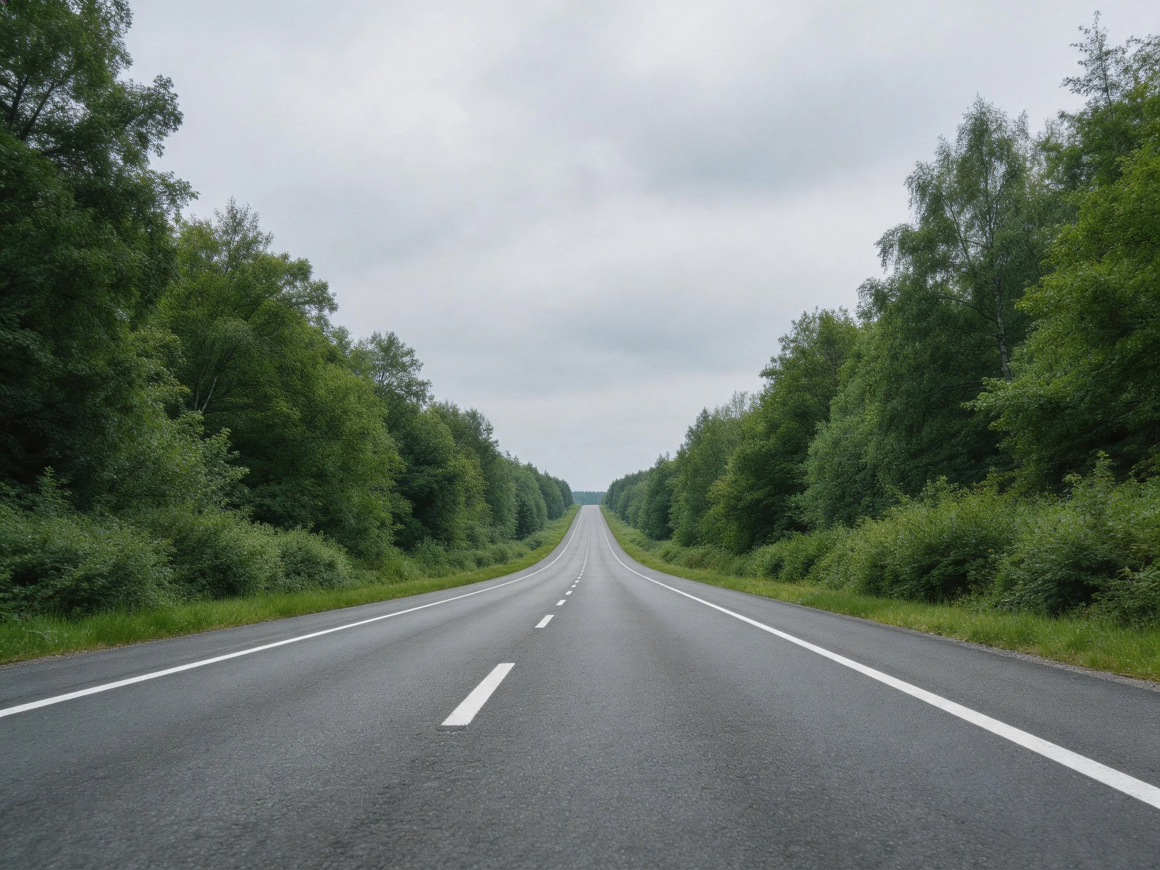 Long asphalt road bordered by dense green foliage under cloudy sky