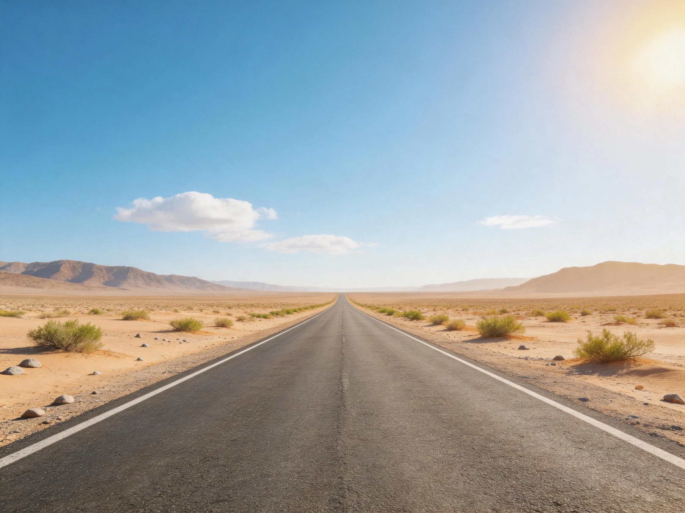 Long asphalt road extends into sunny desert with distant mountains