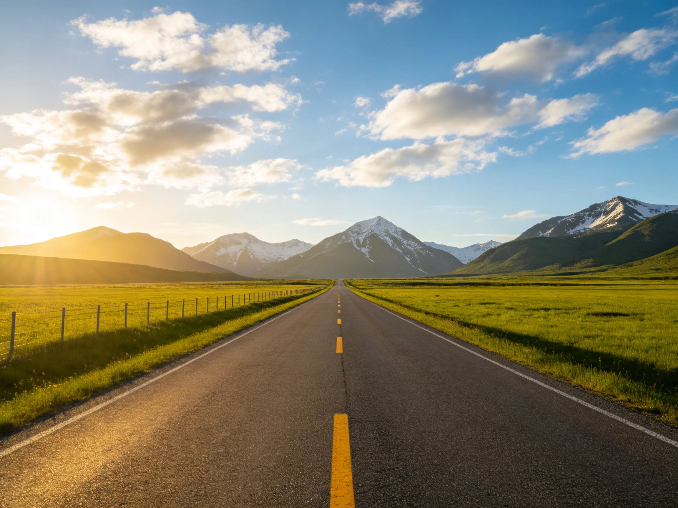 Long asphalt road leads toward snow-capped mountains under golden light